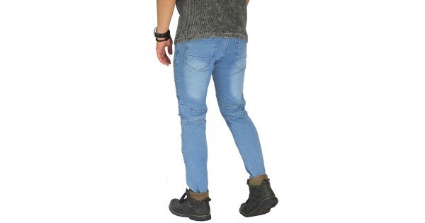  Biker  Jeans  Extend Knee Ripped Soft Blue Celana  Jeans 