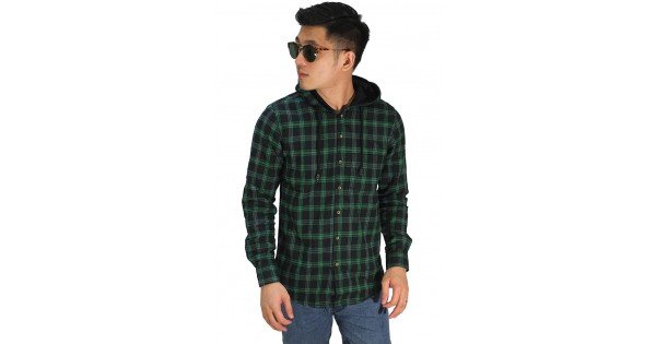 Kemeja Flanel Hoodie Tartan  Green Kemeja Pria 