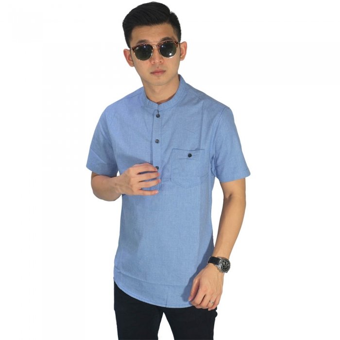 Baju Muslim - Baju Koko Polos Pendek Biru Muda