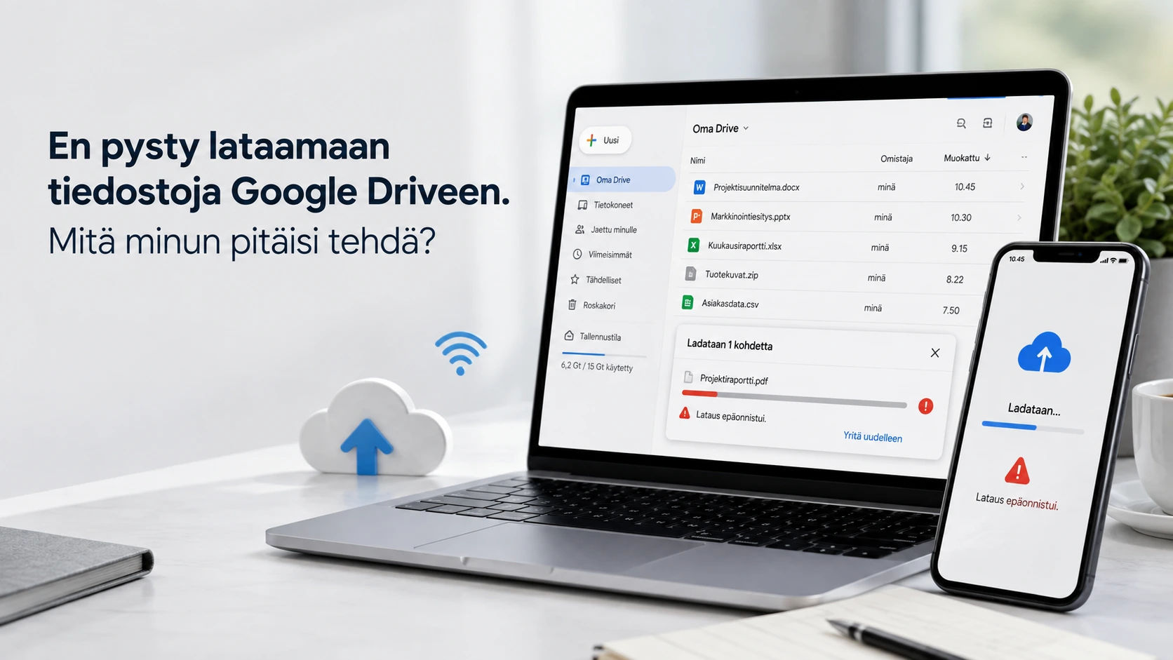 En pysty lataamaan tiedostoja Google Driveen. Mitä minun pitäisi tehdä?