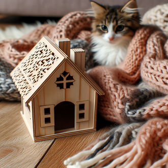 une image simple, avec une maisonnette en boit - genre jouet d'enfant, entouré d'une écharpe sur une parquet imitation bois, avec un petit chat. quelque chose de chaleureux