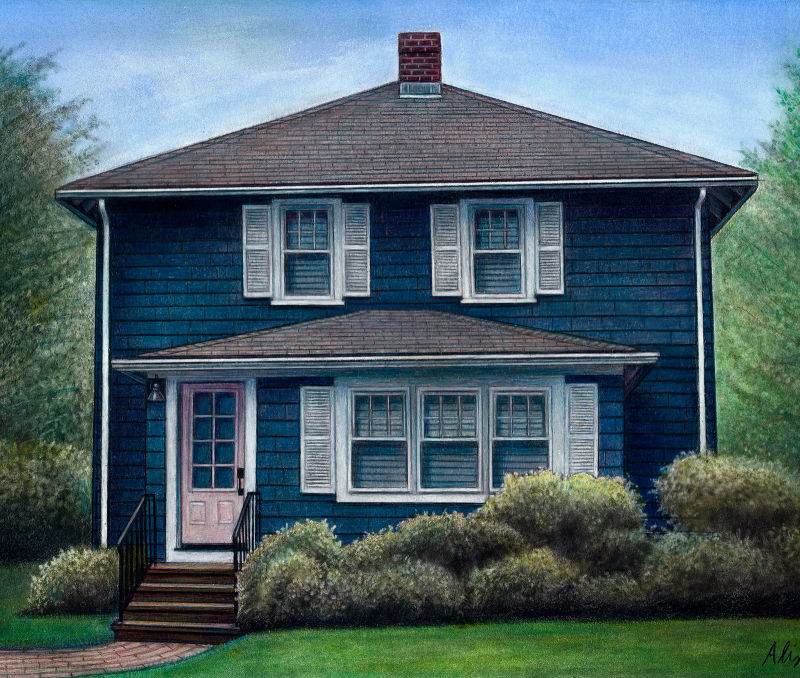 Blue House, a realistic colored pencil drawing by Alix Fuerst