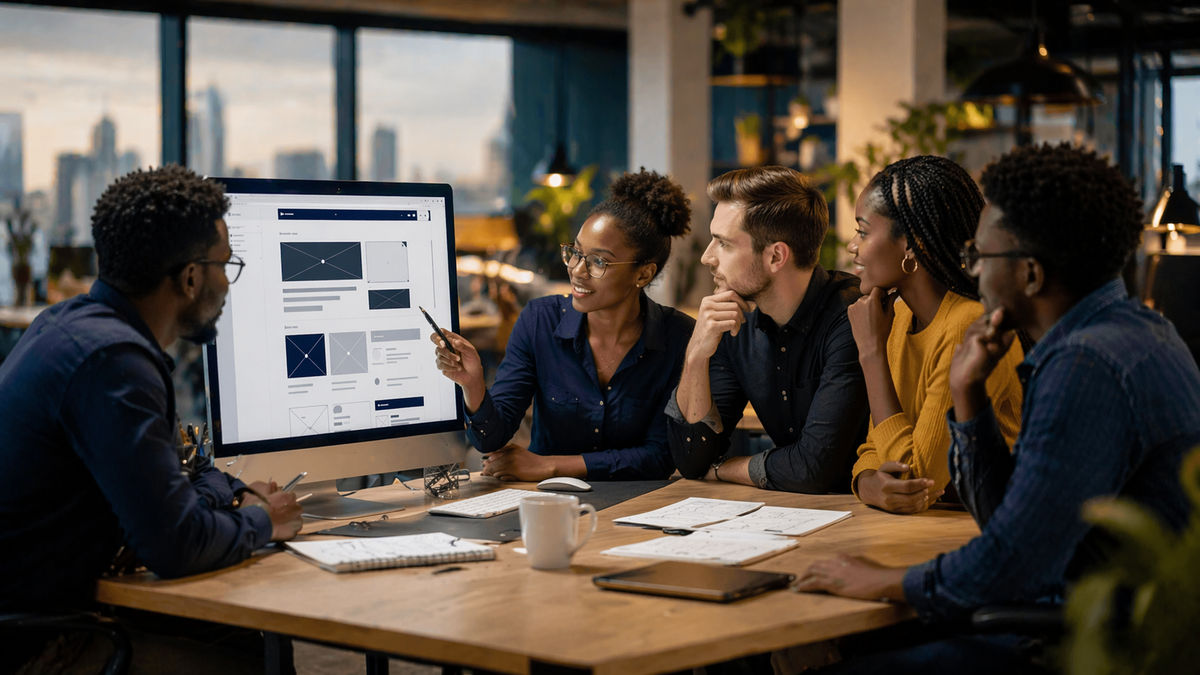 a team of five web developers and strategists collaborating around a large monitor displaying a clean website wireframe.