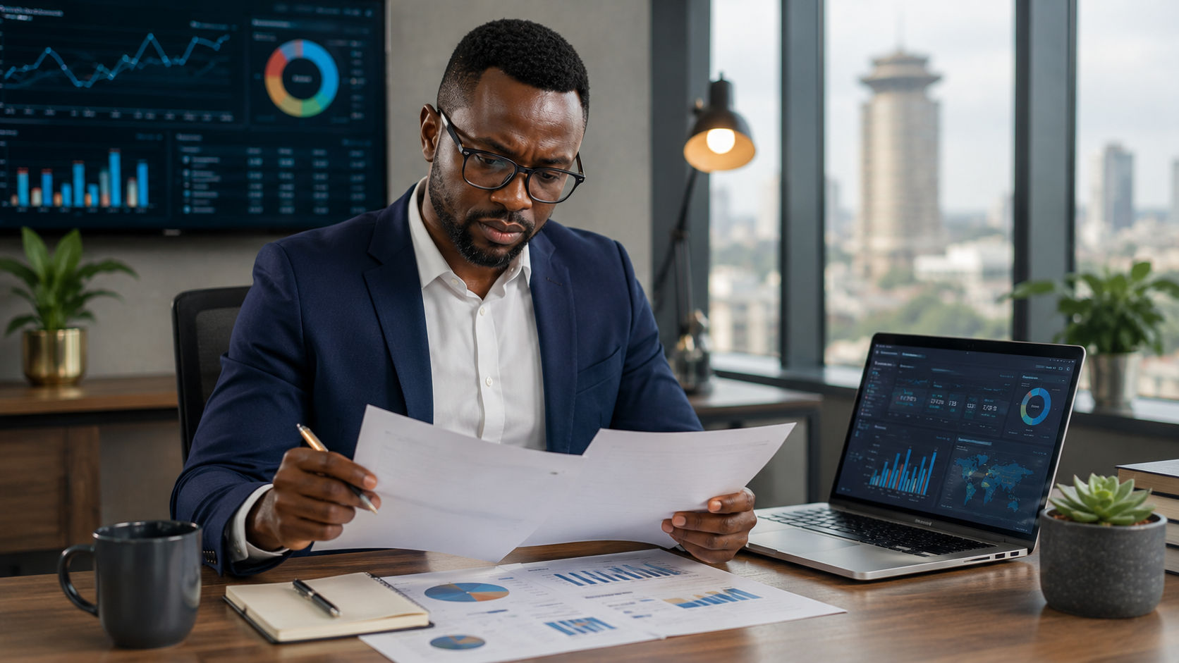 A professional business owner in a modern office reviewing SEO-related documents and a laptop showing analytics dashboards;