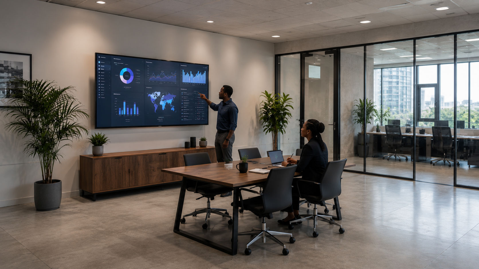 two professionals in a clean office analysing audience targeting metrics on a large screen displaying segmented user profiles and performance data