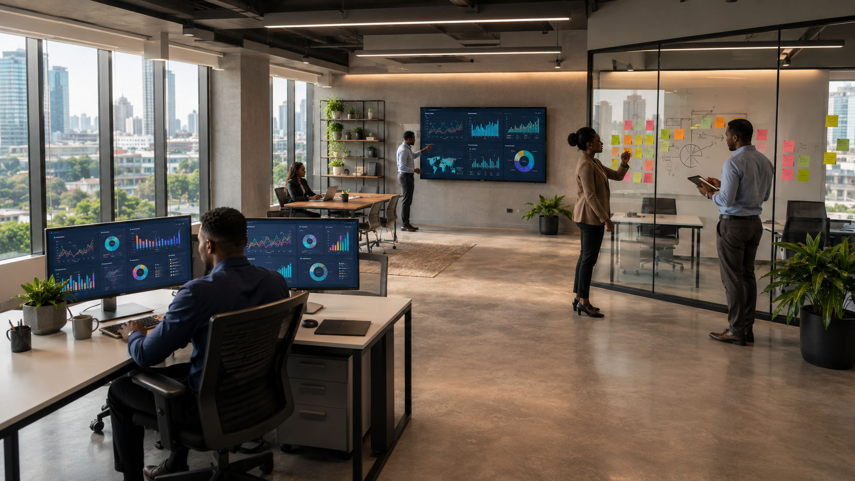 view of a modern office with a distributed East African team analyzing data across multiple screens and work areas