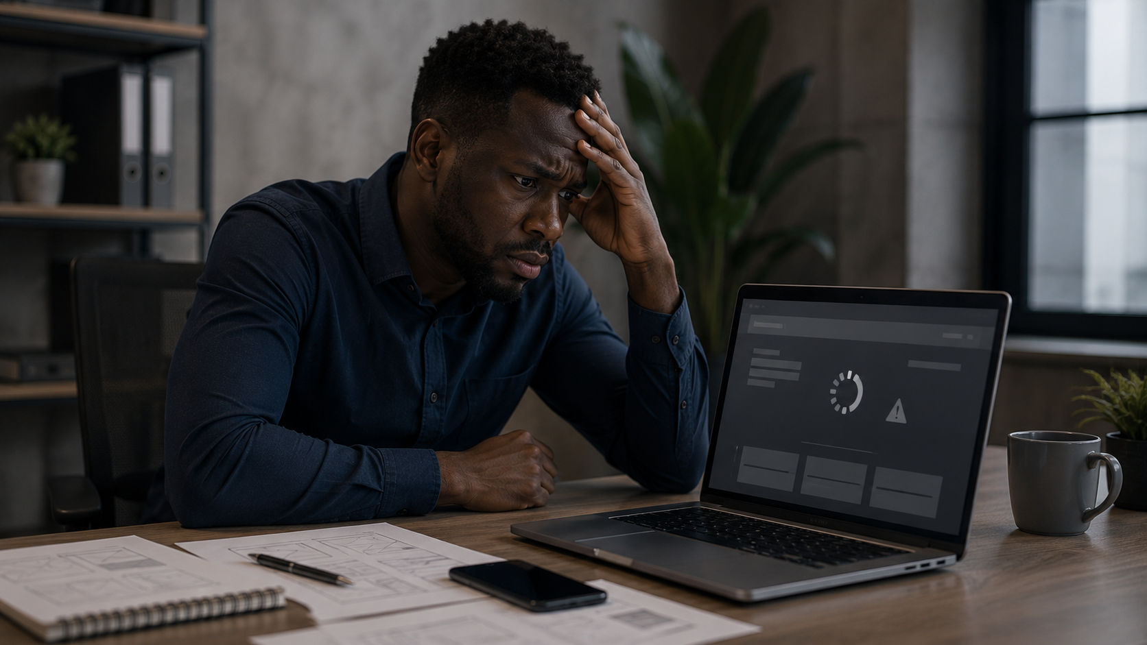 A professional frustrated by poorly and slow loading website in the office.