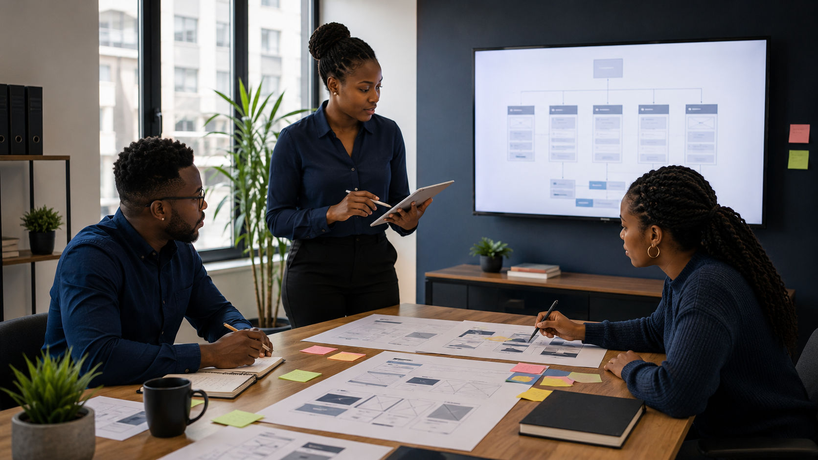 a team of professional designers discussing the design of a website in a modern office.