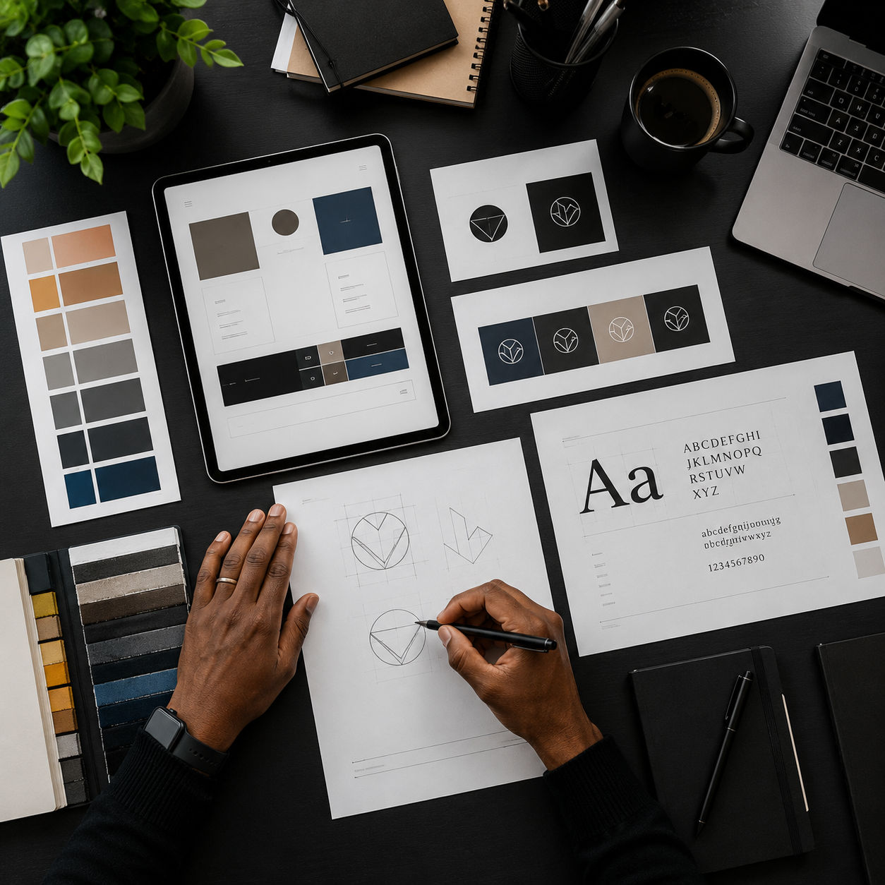 Brand identity elements including colors, typography, and design layouts