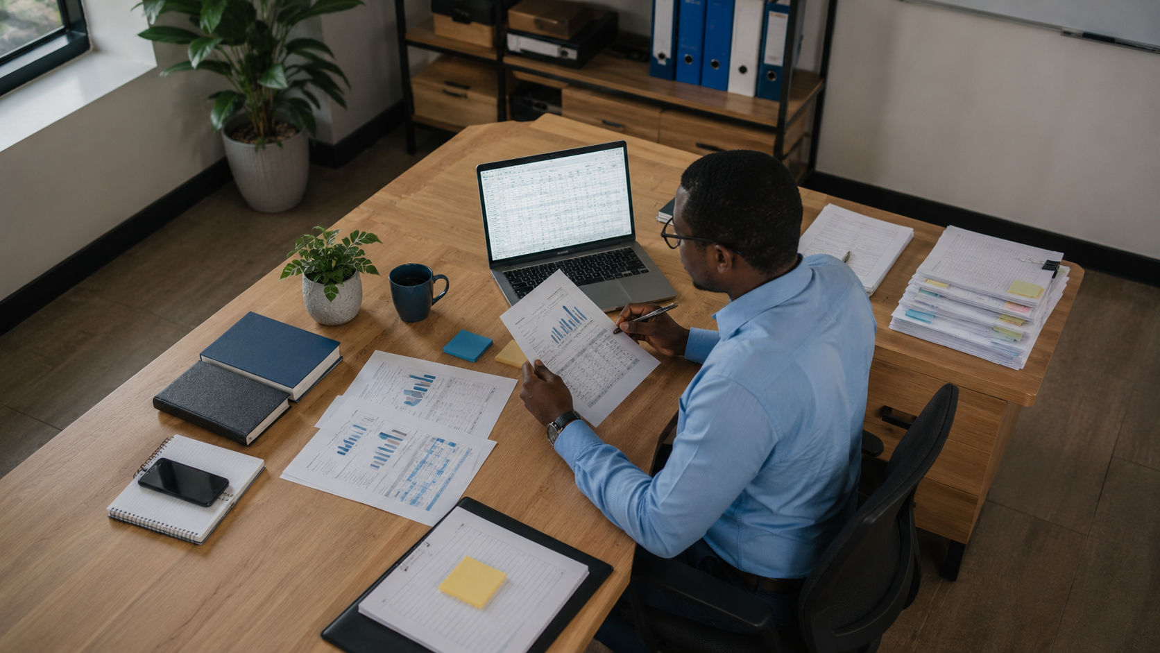 Organized office workspace with a professional reviewing business data and reports