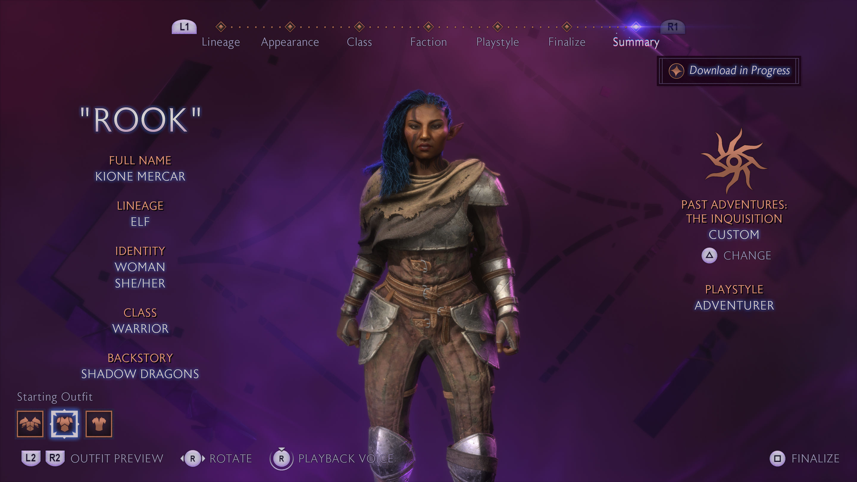 a black woman with blue hair and pointy ears and light armor