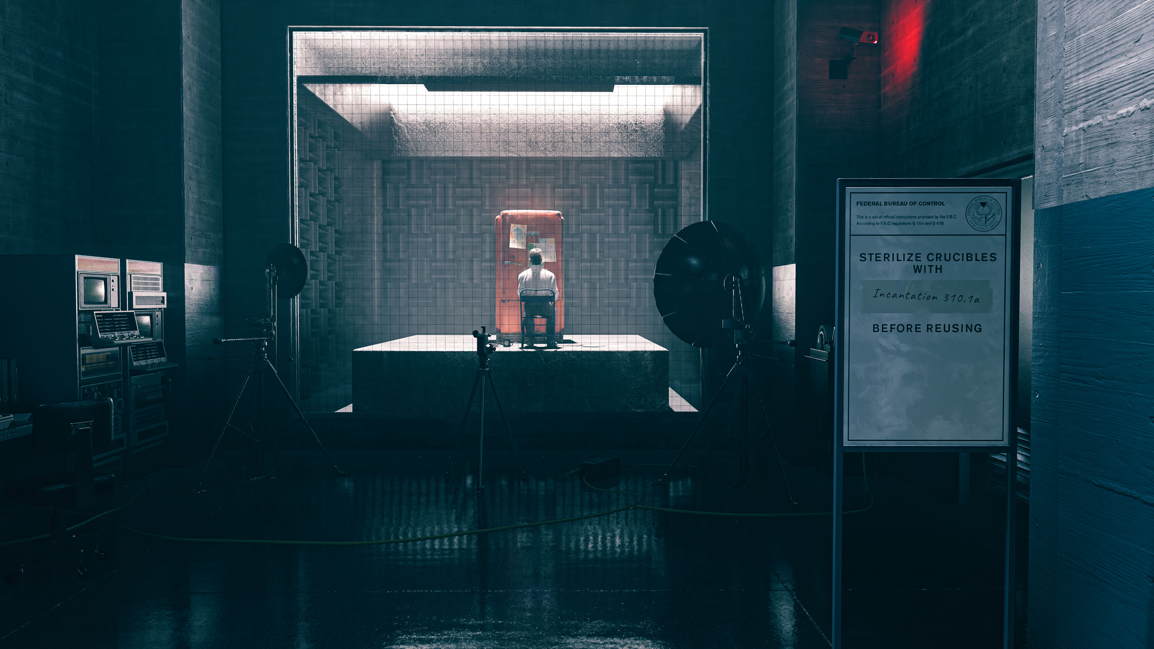 an office space with communication equipment, a man sitting on a chair in the background, and a notice board with instructions in the foreground