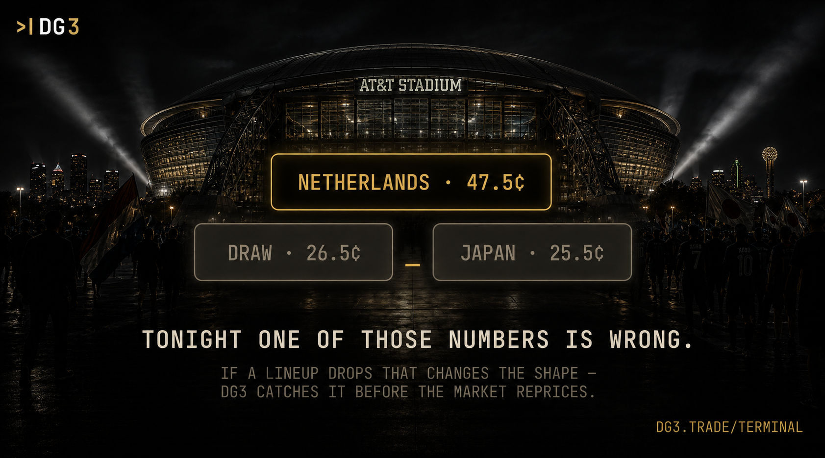 AT&T Stadium: Netherlands 47.5 cents, draw 26.5, Japan 25.5, tonight one of those numbers is wrong