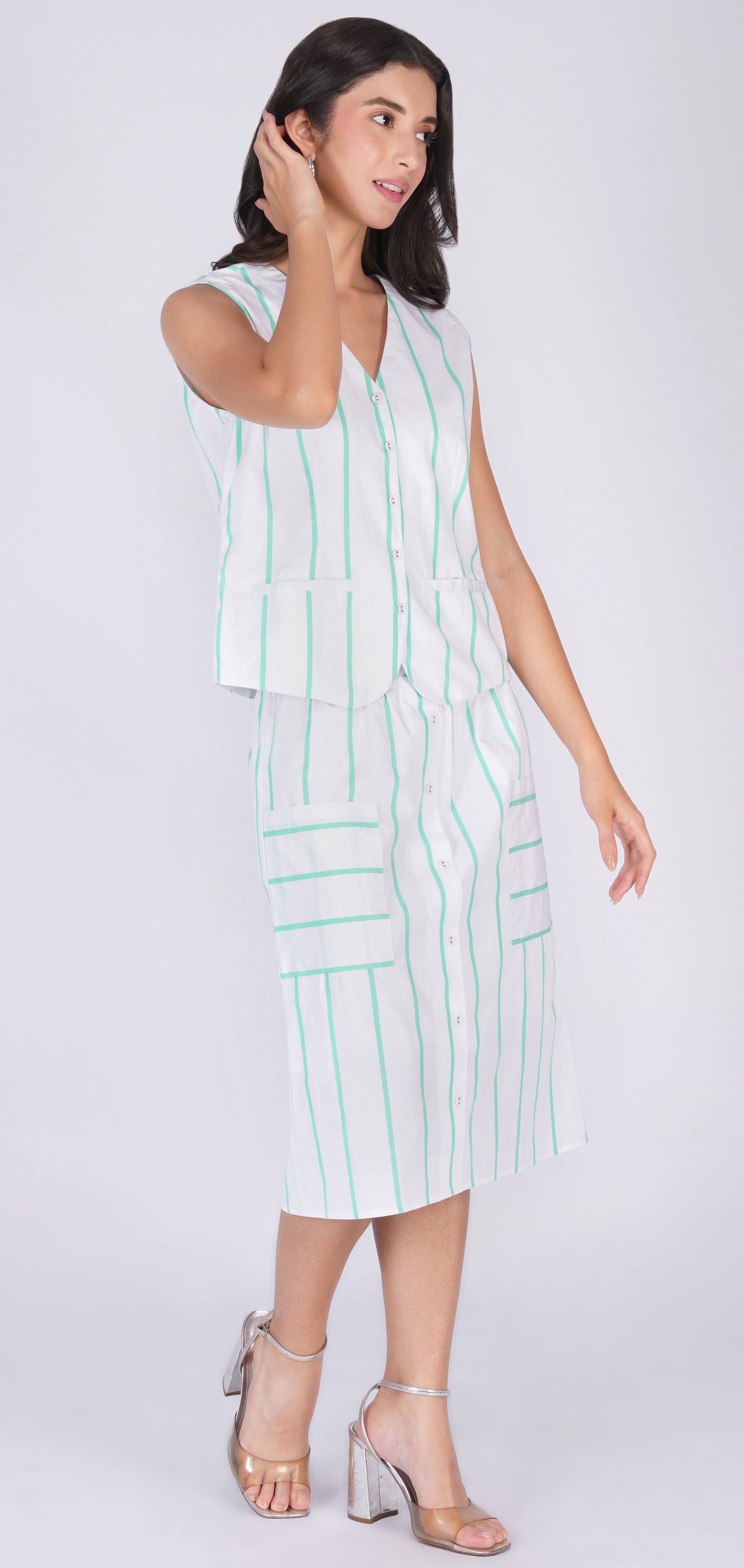 Cotton Skirt With Vest Top Green Stripe