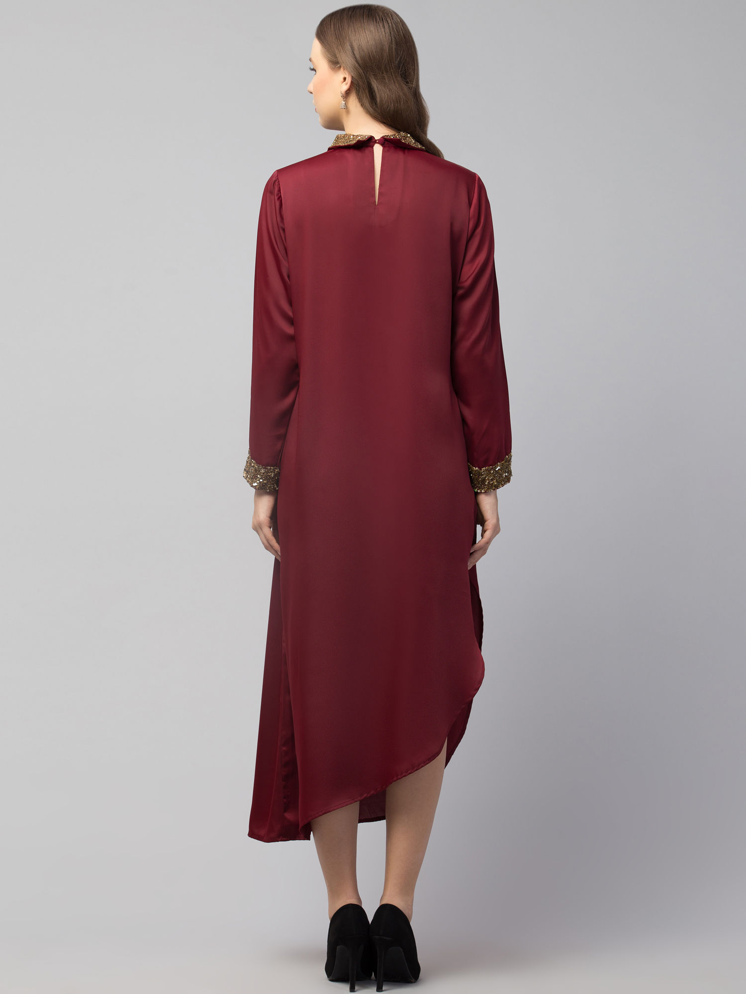 Women’s Embellished Collar Full-Sleeve Midi Dress