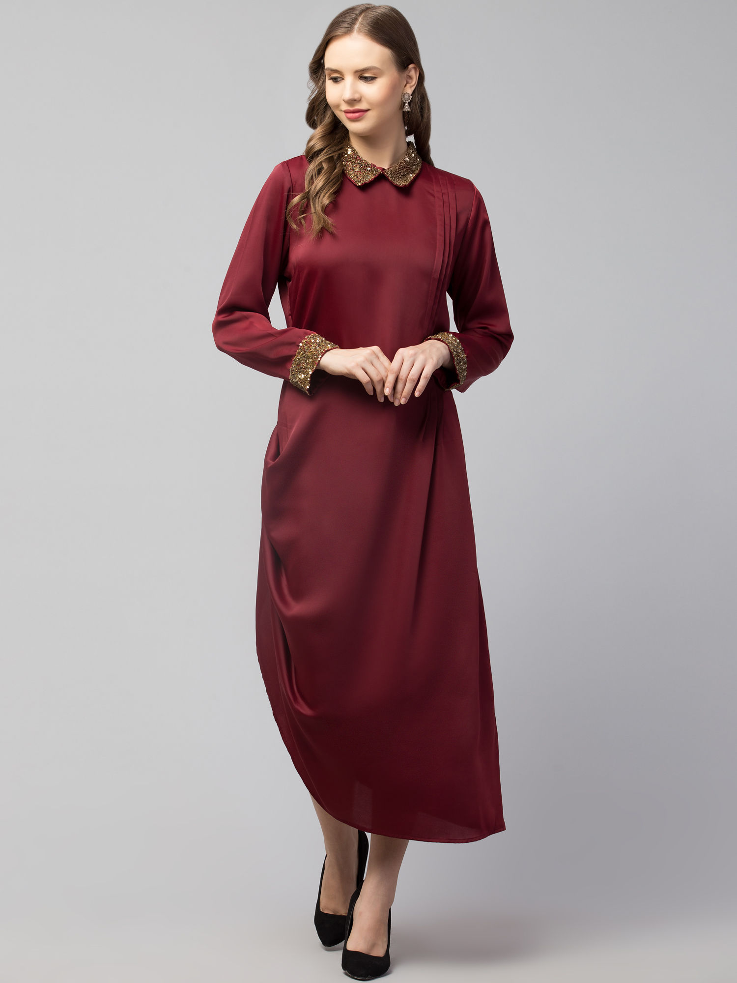 Women’s Embellished Collar Full-Sleeve Midi Dress