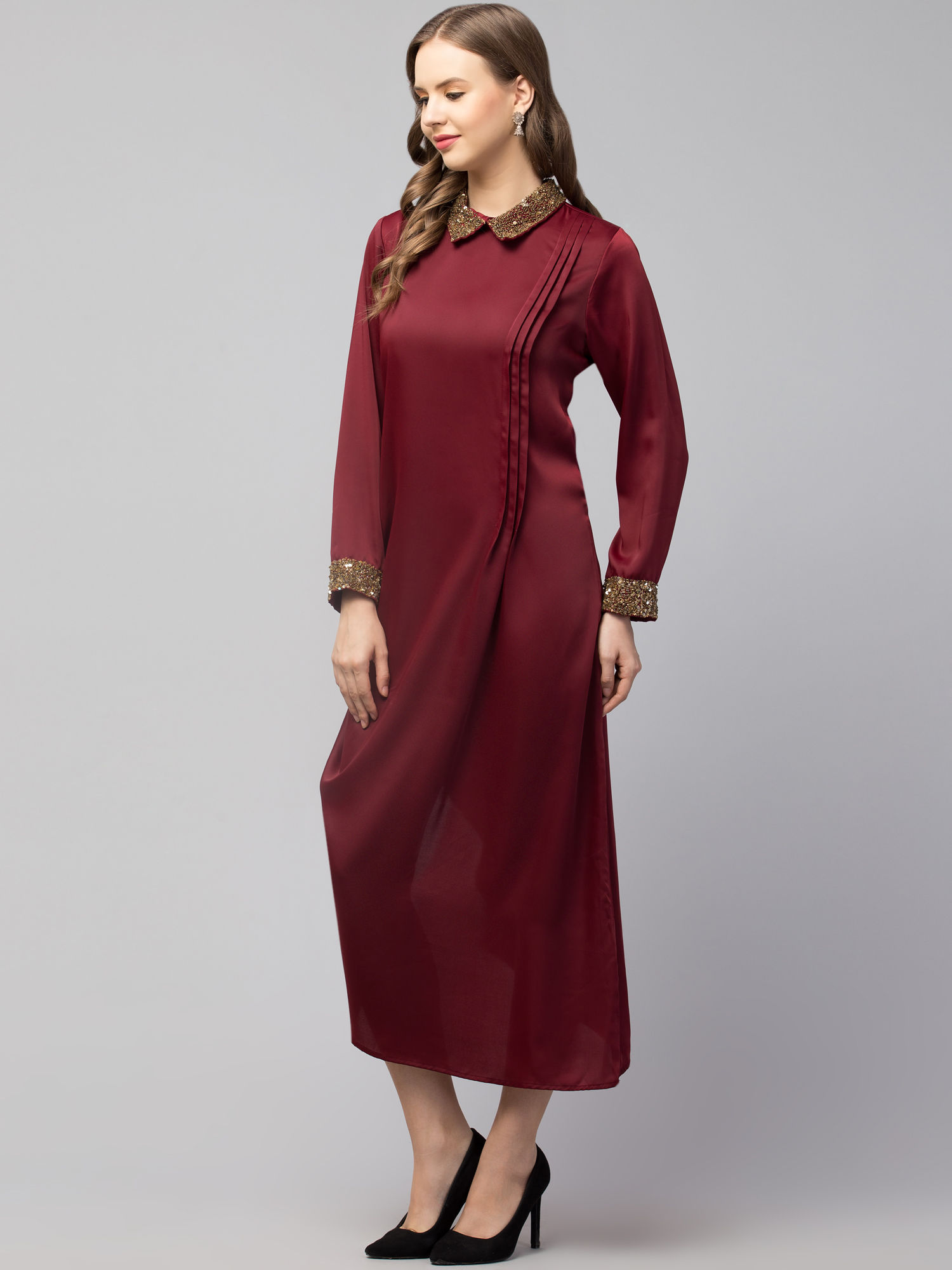Women’s Embellished Collar Full-Sleeve Midi Dress