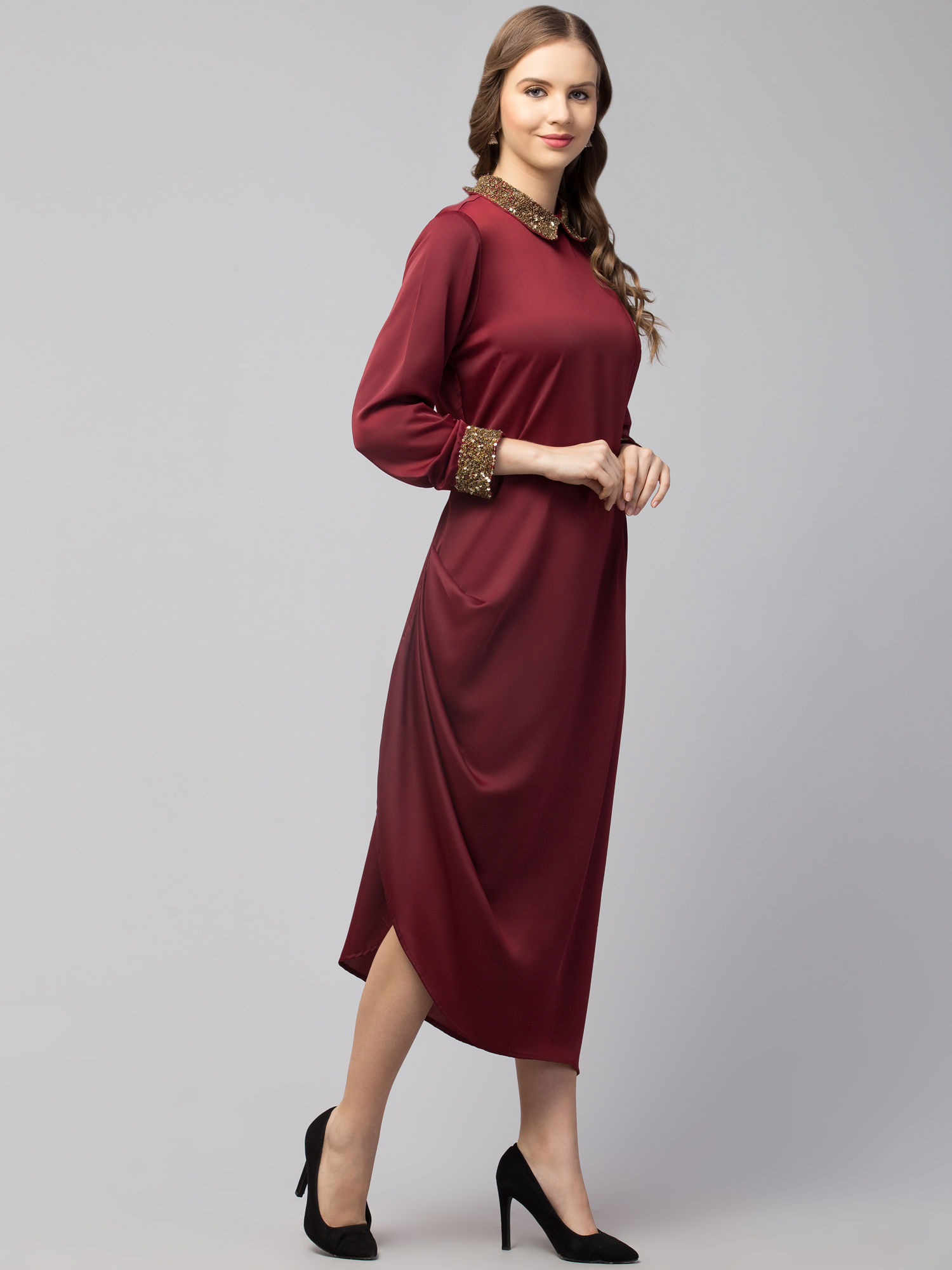 Women’s Embellished Collar Full-Sleeve Midi Dress