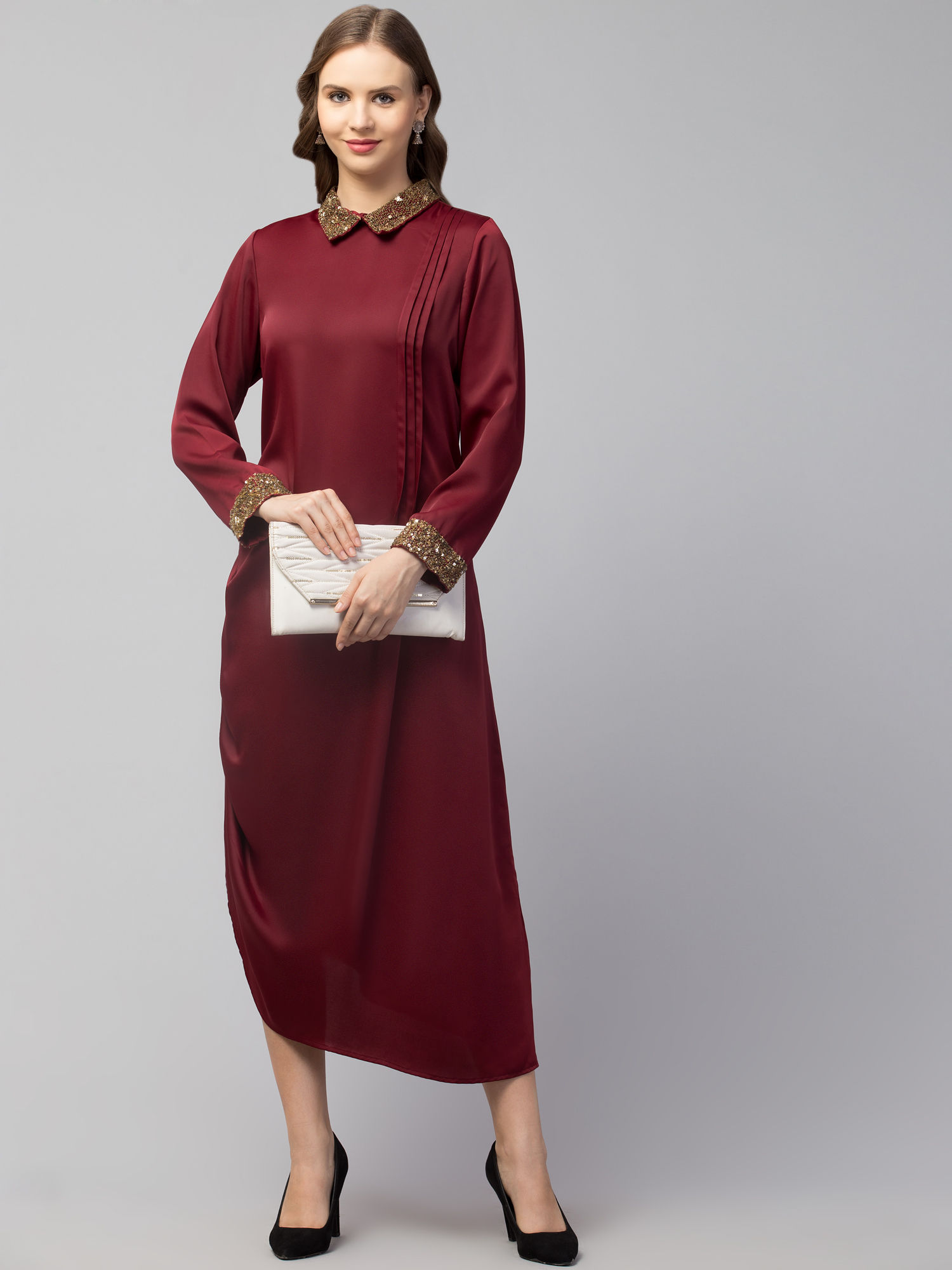 Women’s Embellished Collar Full-Sleeve Midi Dress