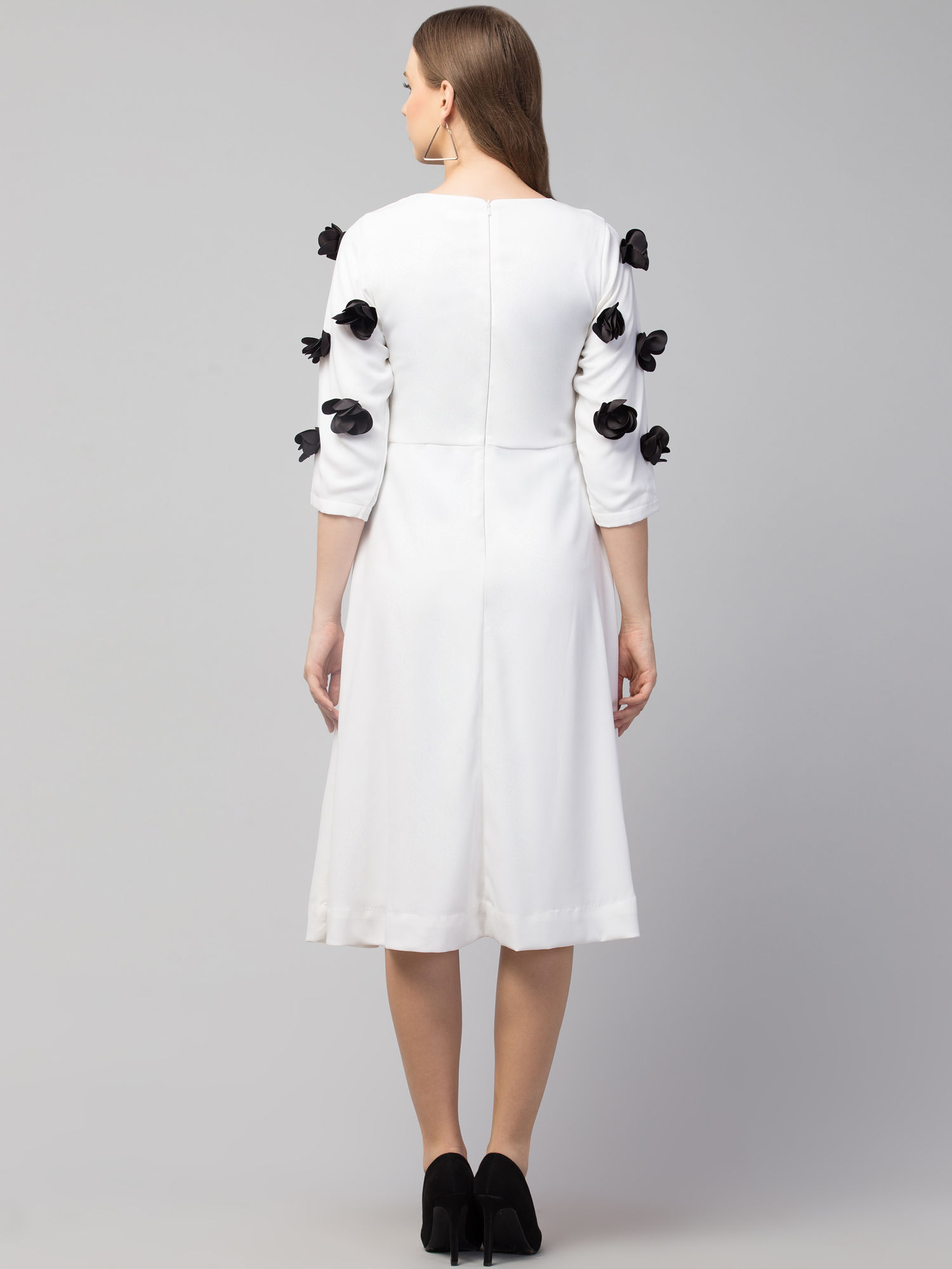 Women’s White Black Floral Detail Midi Dress