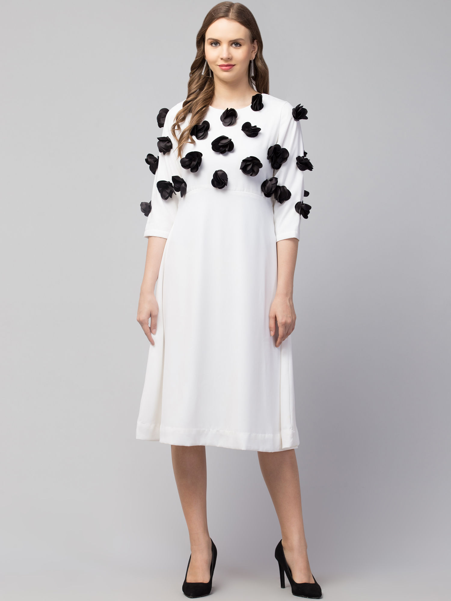 Women’s White Black Floral Detail Midi Dress