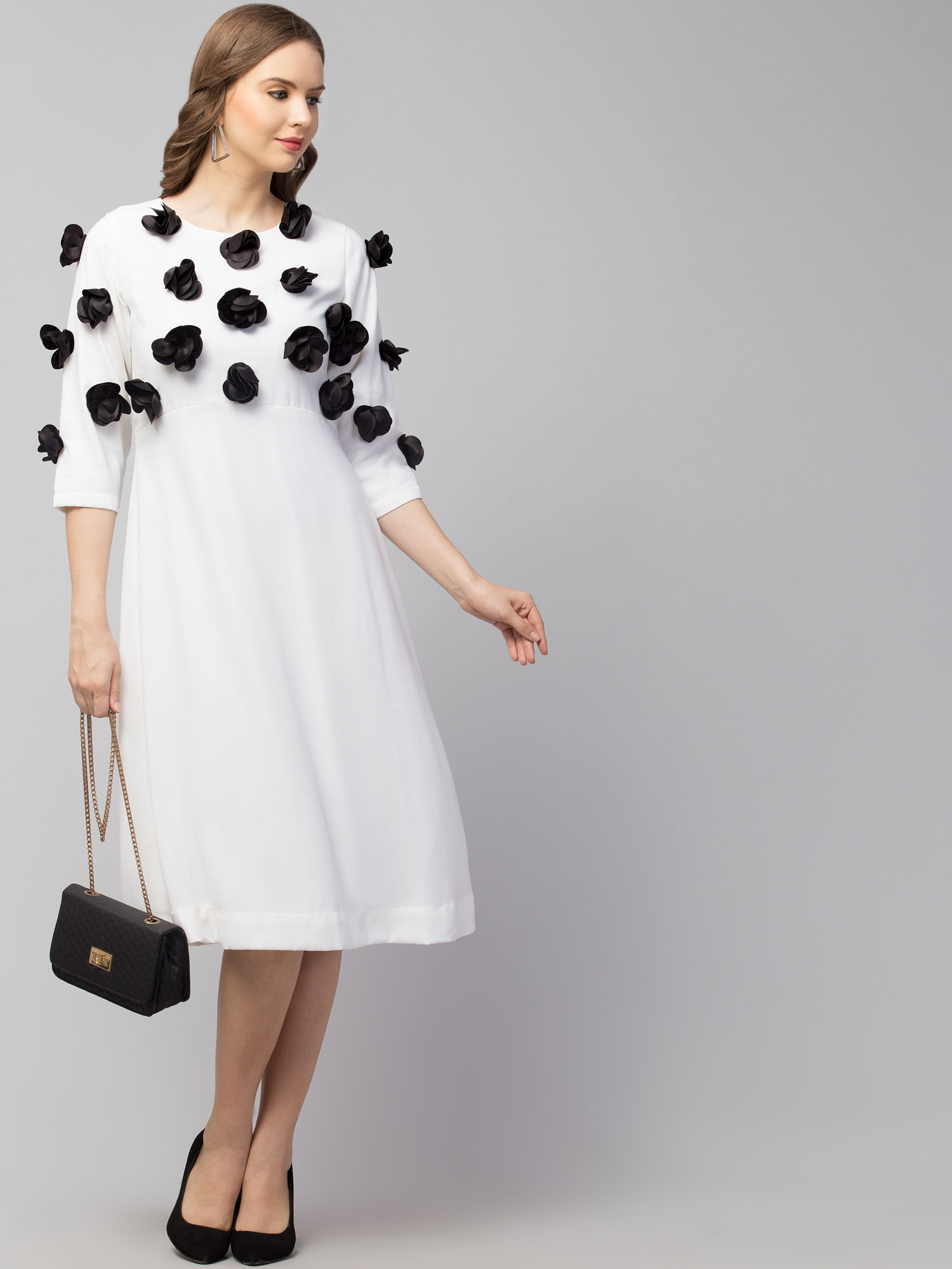 Women’s White Black Floral Detail Midi Dress