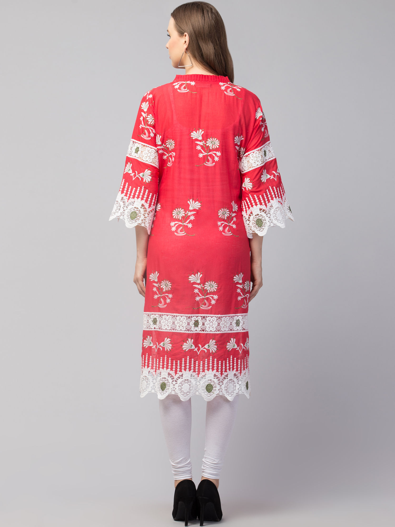 Women’s Floral Embroidered Straight Kurti with Lace Detailing