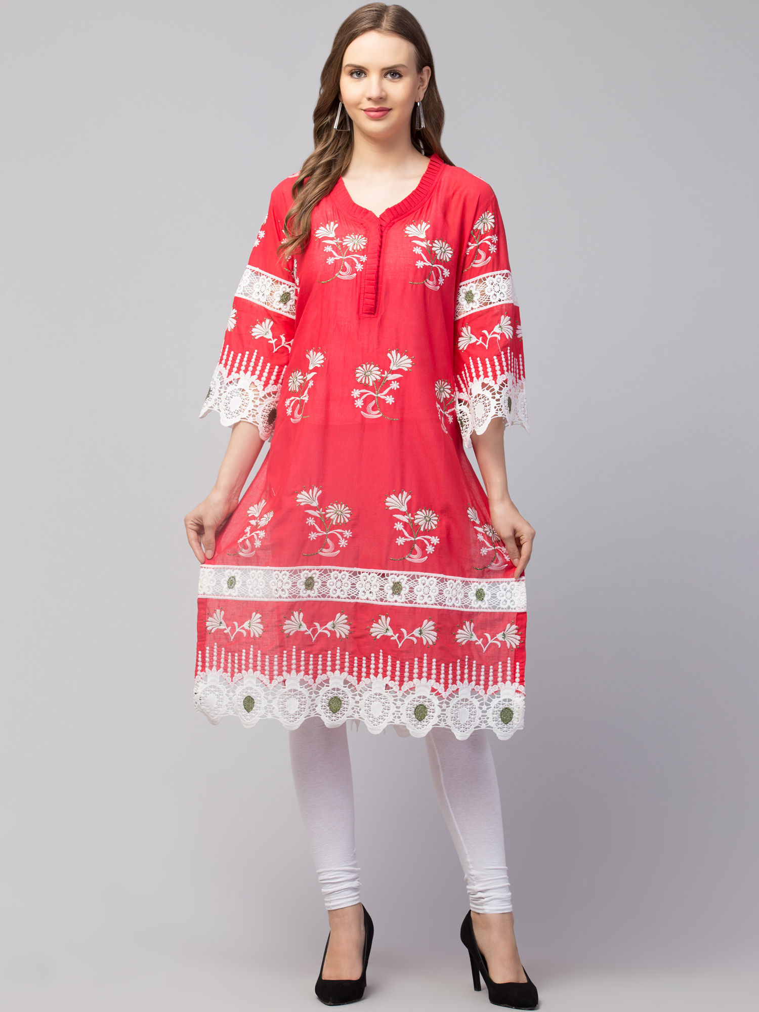 Women’s Floral Embroidered Straight Kurti with Lace Detailing