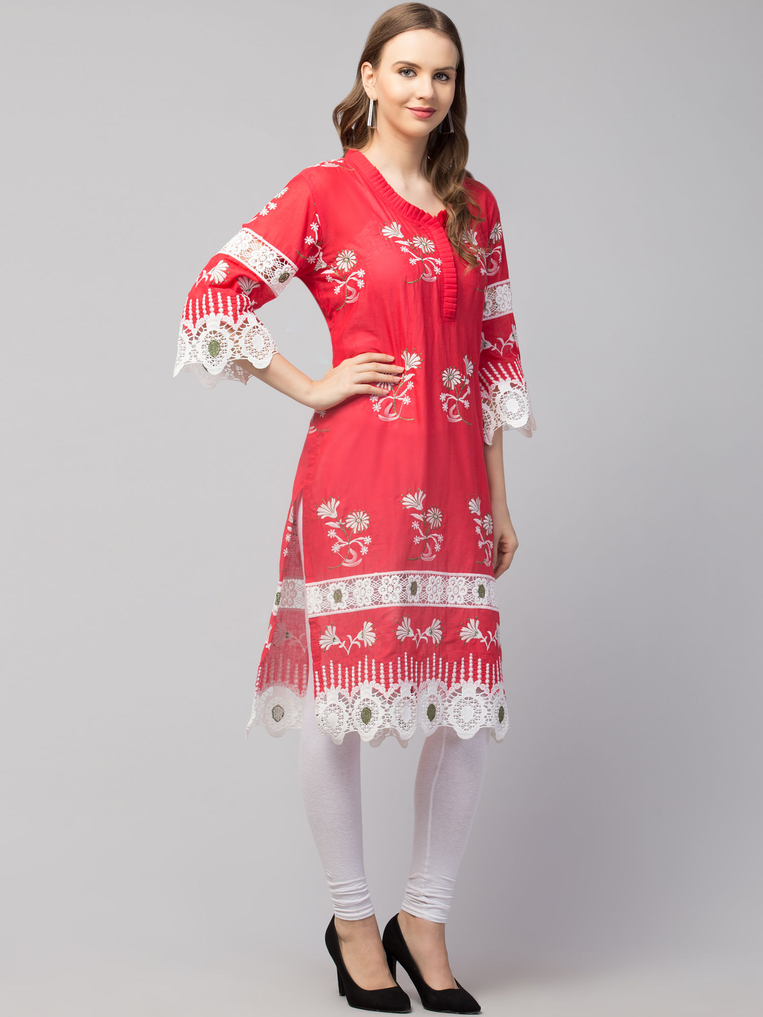 Women’s Floral Embroidered Straight Kurti with Lace Detailing