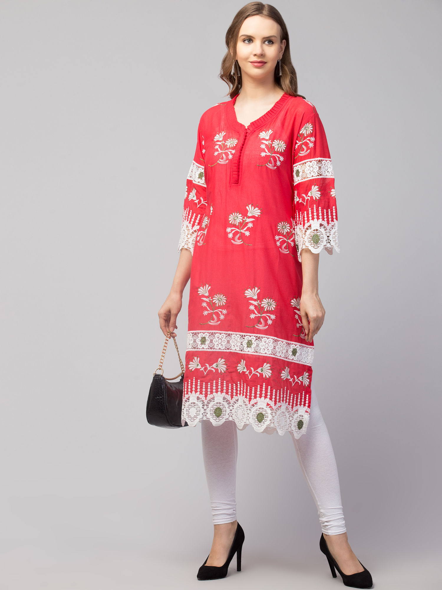 Women’s Floral Embroidered Straight Kurti with Lace Detailing