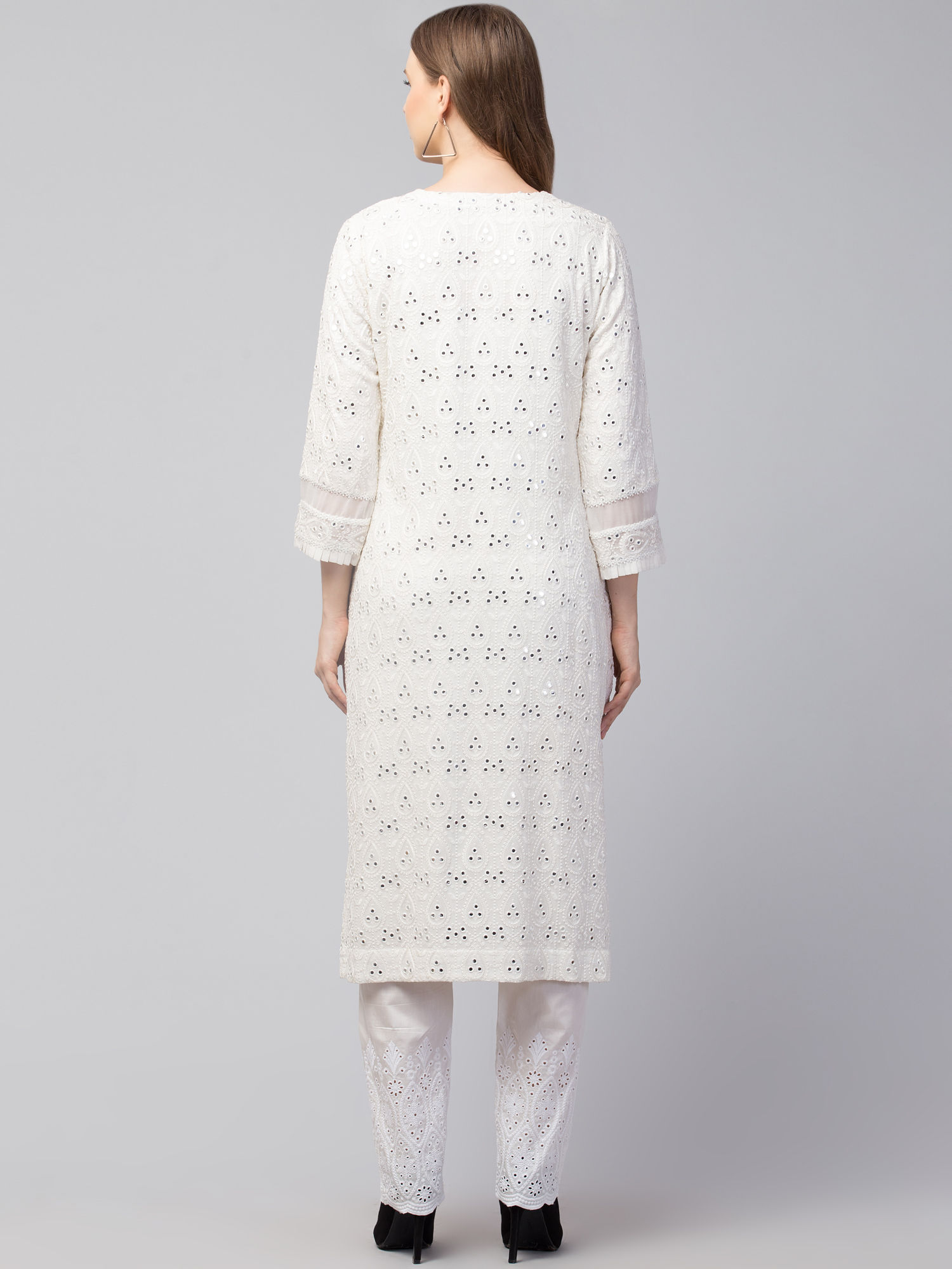 Women’s White Chikankari Embroidered Straight Kurta Pant Set