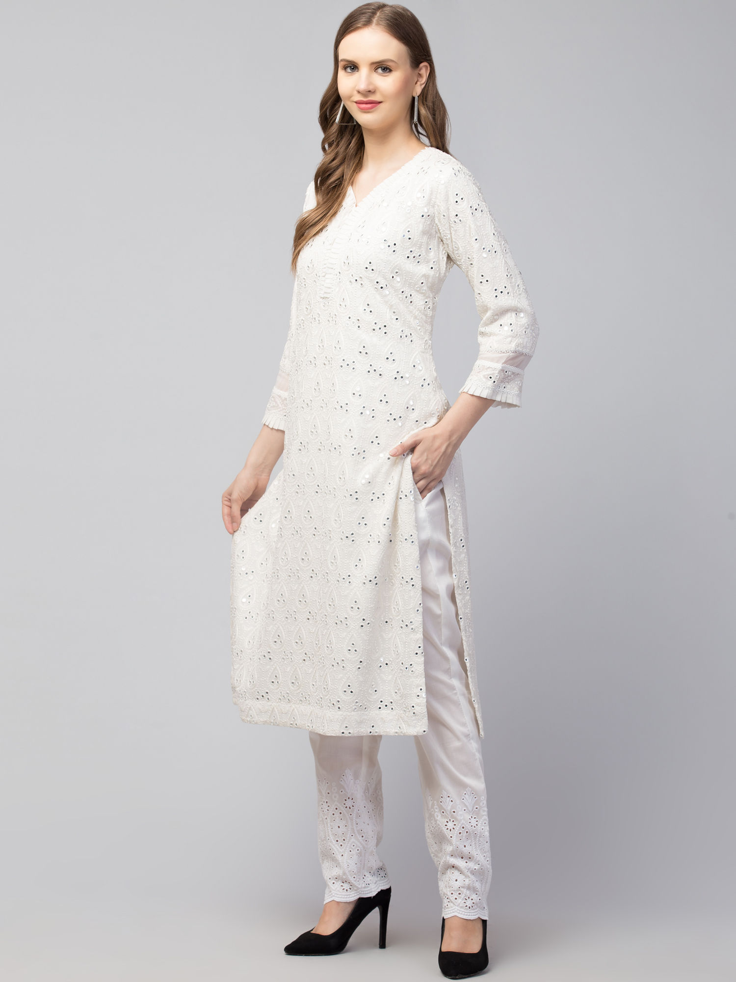 Women’s White Chikankari Embroidered Straight Kurta Pant Set