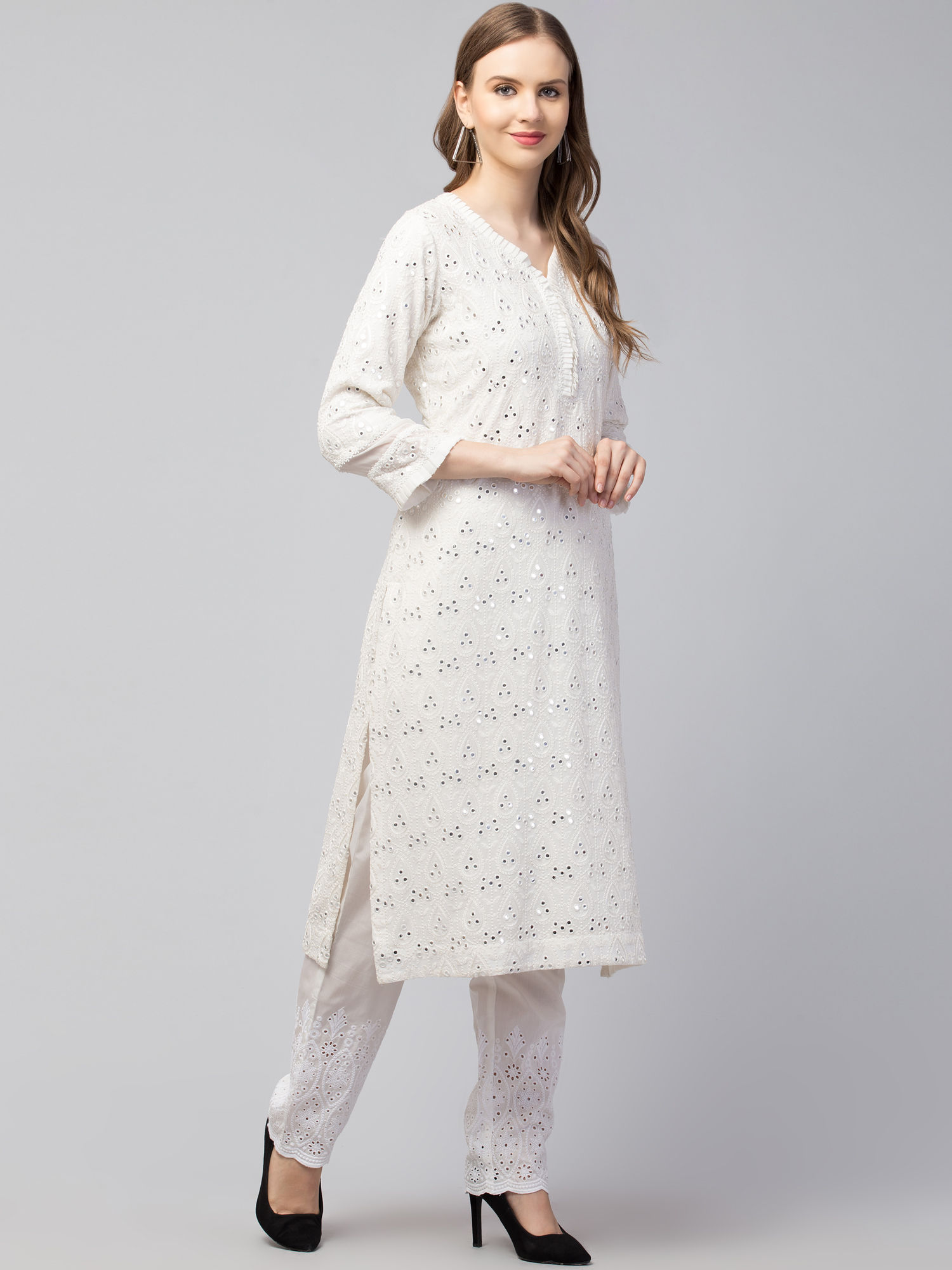 Women’s White Chikankari Embroidered Straight Kurta Pant Set
