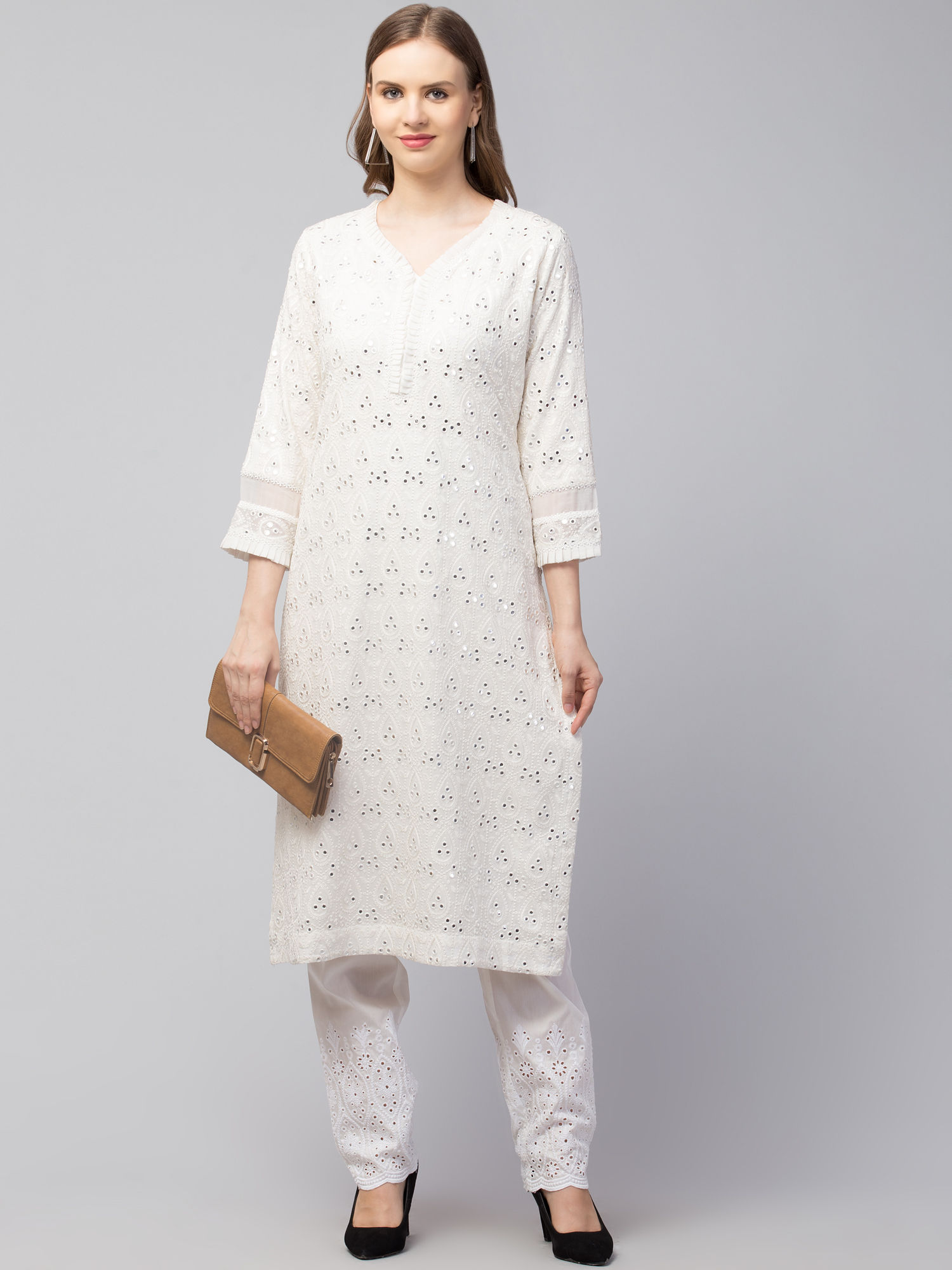 Women’s White Chikankari Embroidered Straight Kurta Pant Set