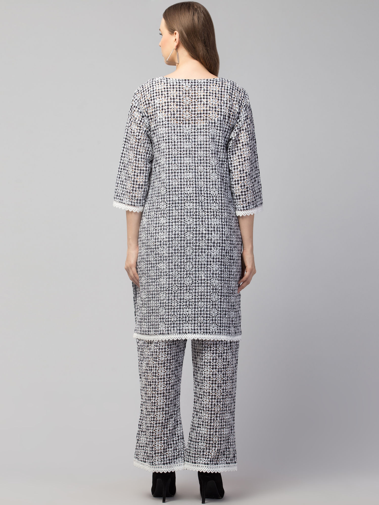 Women’s Grey Printed Straight Coord Set with Lace Detailing