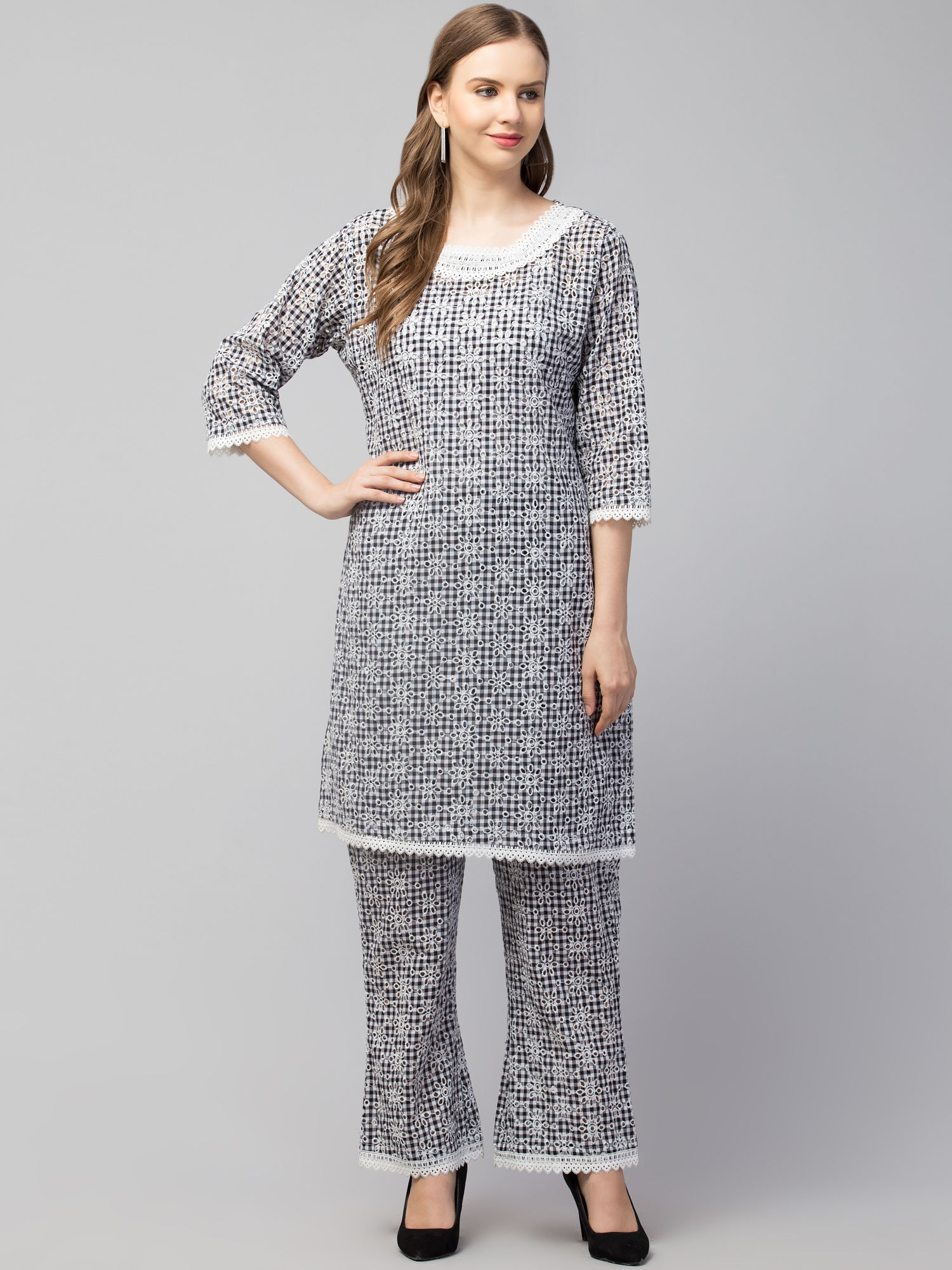Women’s Grey Printed Straight Coord Set with Lace Detailing