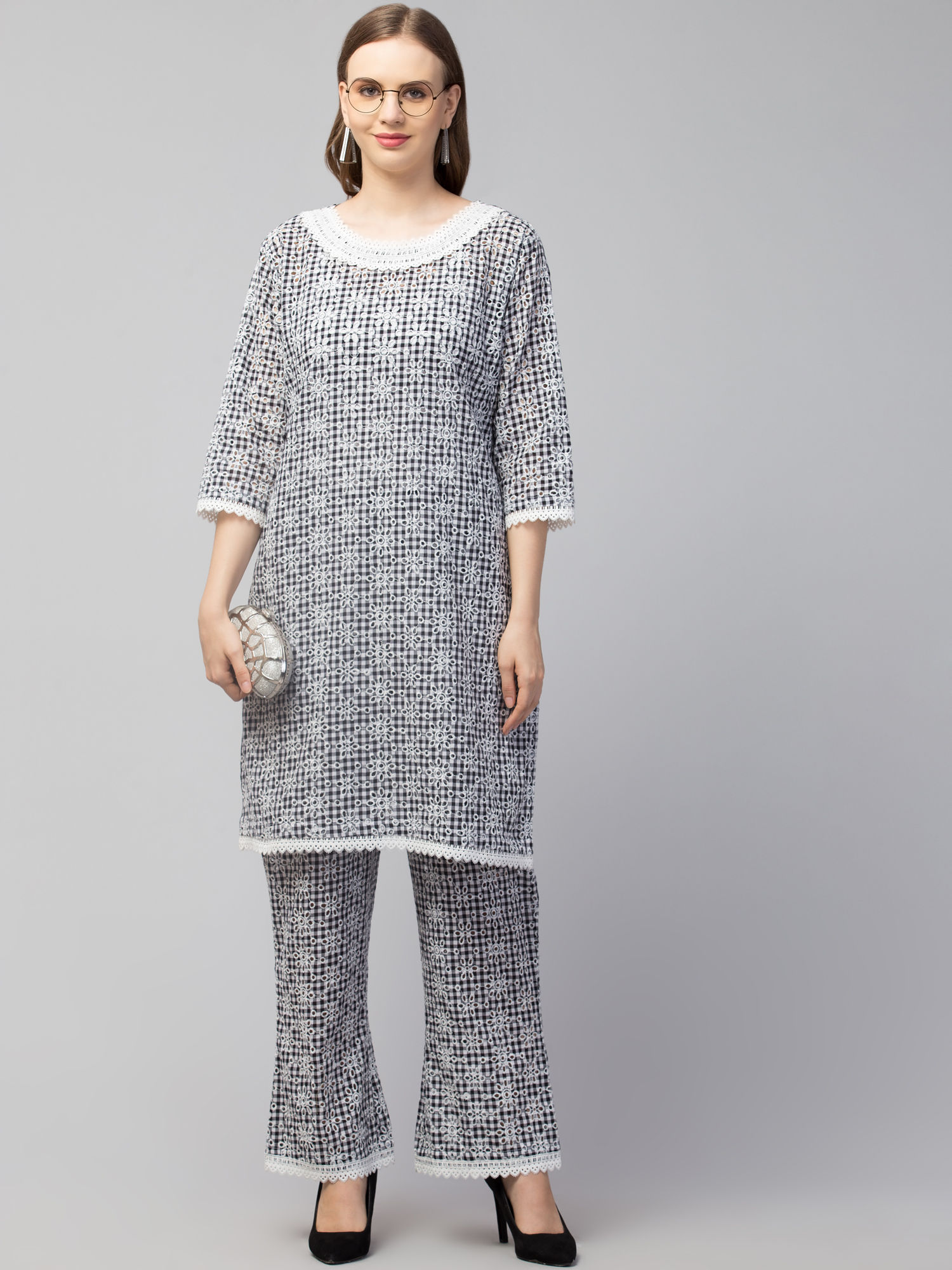 Women’s Grey Printed Straight Coord Set with Lace Detailing
