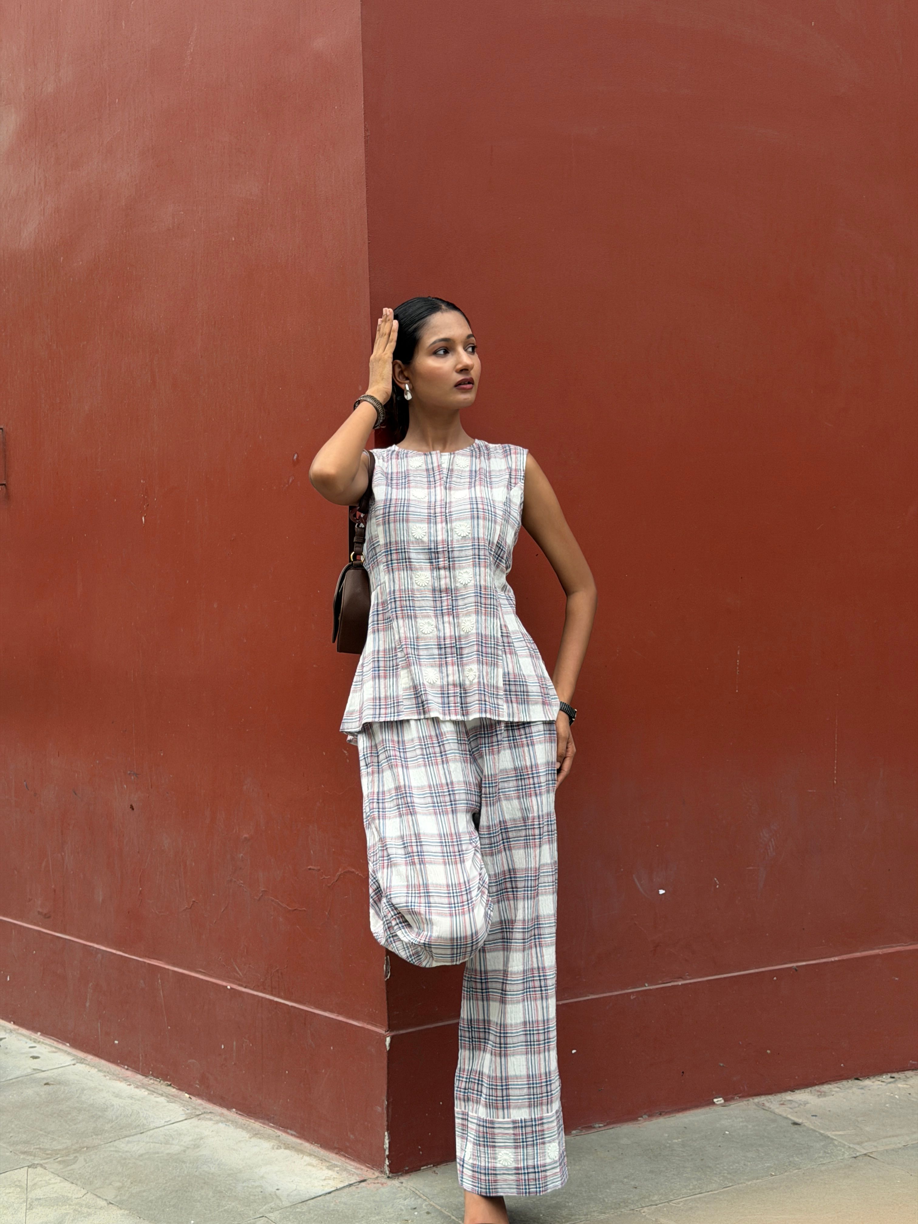 Multicoloured checkered  cotton coord set
