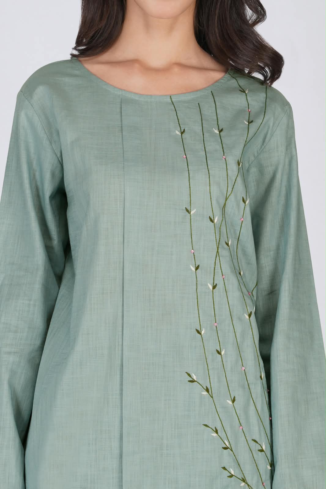 Aqua Blue Cotton Linen with Botanical Embroidery coord set
