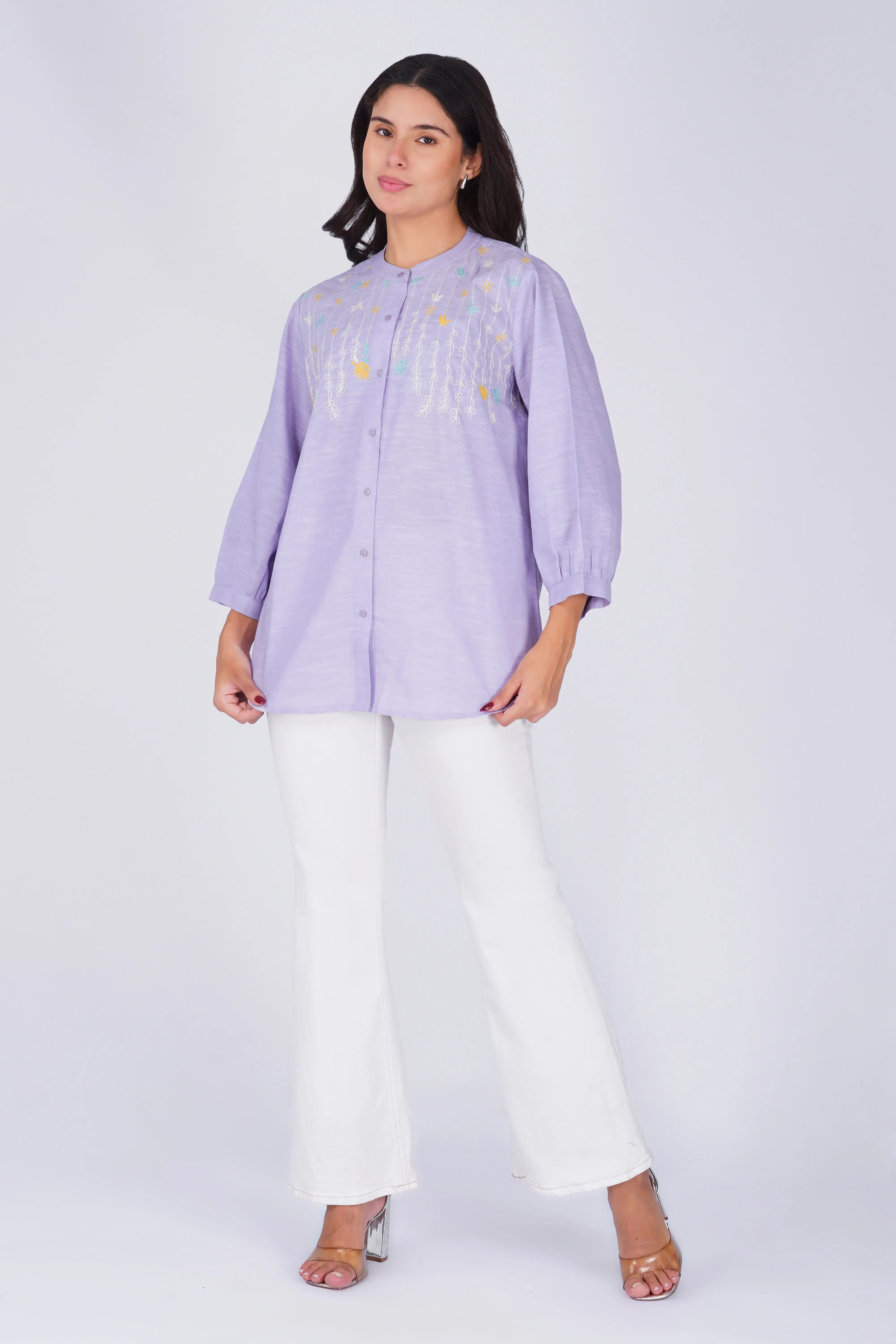 Floral Embroidered Mandarin Collar Liliac Linen Cotton Casual Shirt