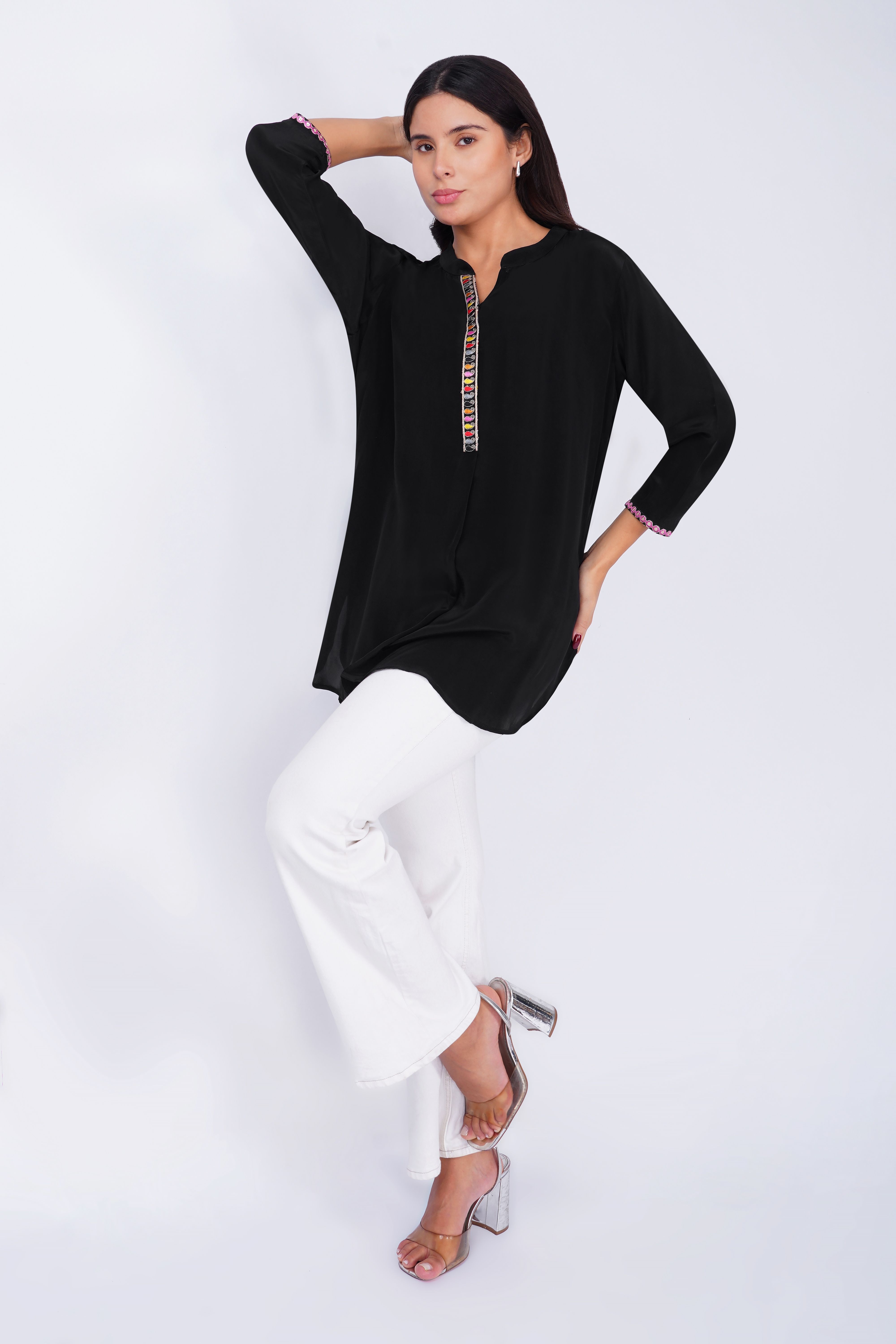 Embroidered Placket Poly  Silk Black Tunic