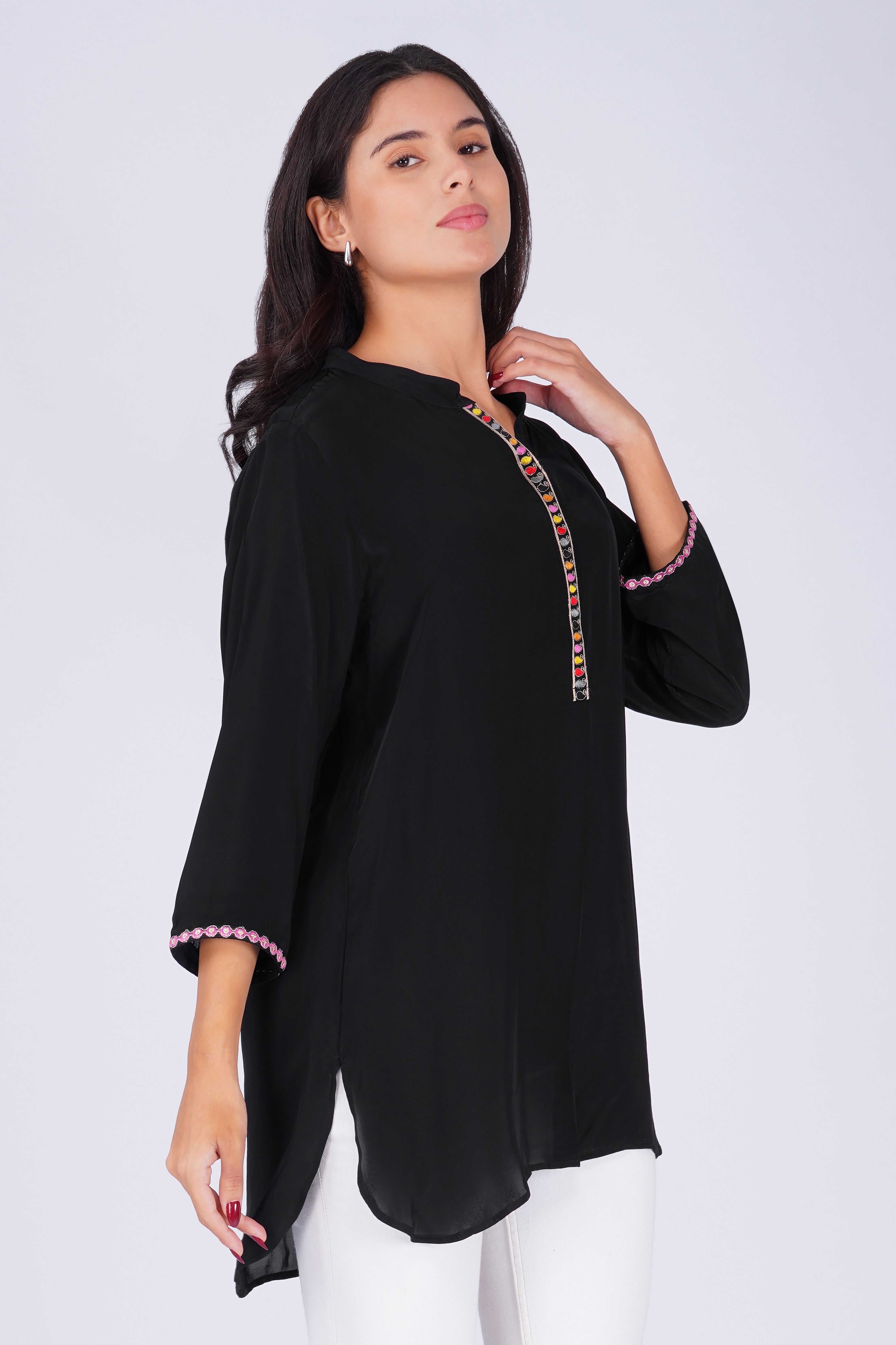 Embroidered Placket Poly  Silk Black Tunic