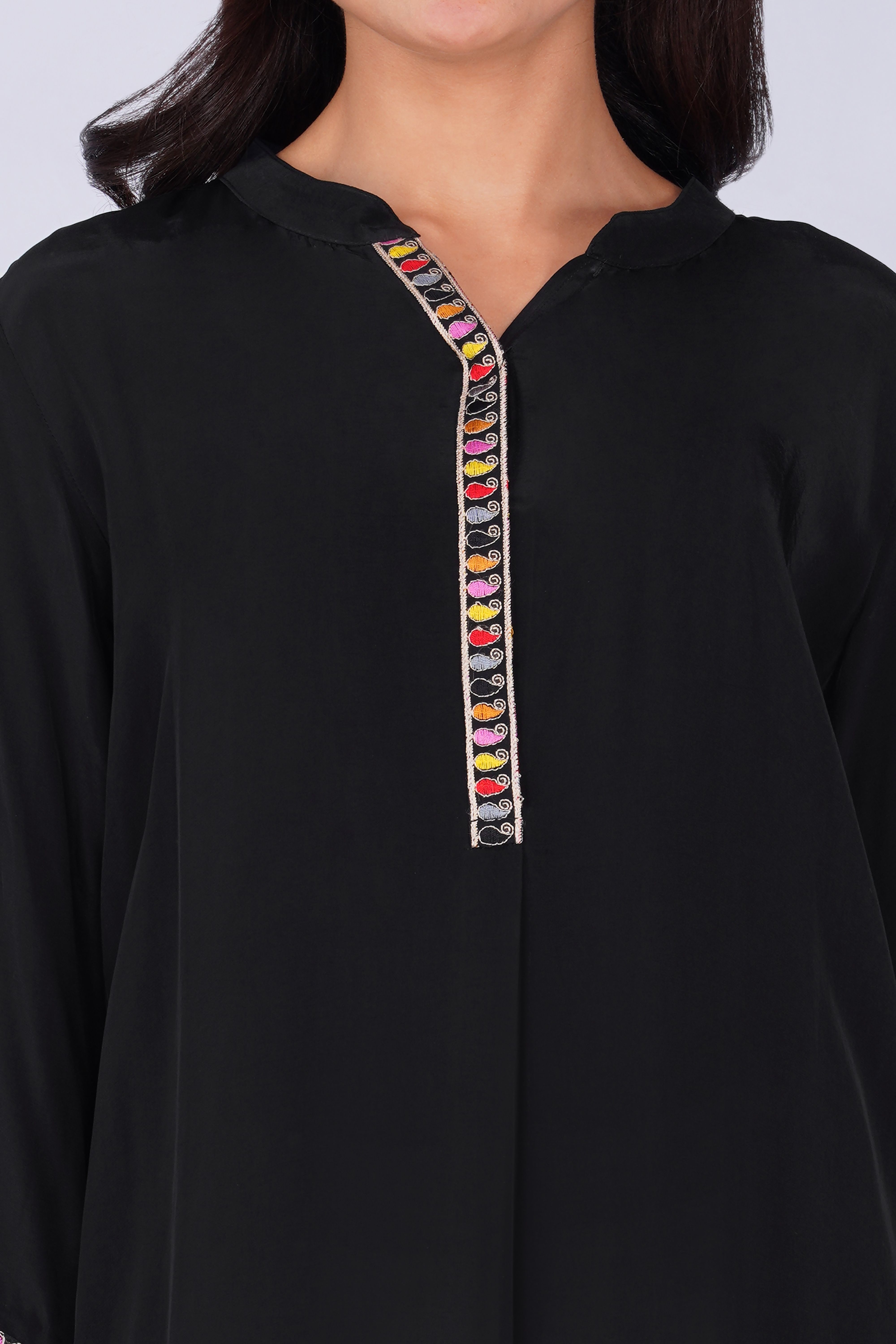 Embroidered Placket Poly  Silk Black Tunic