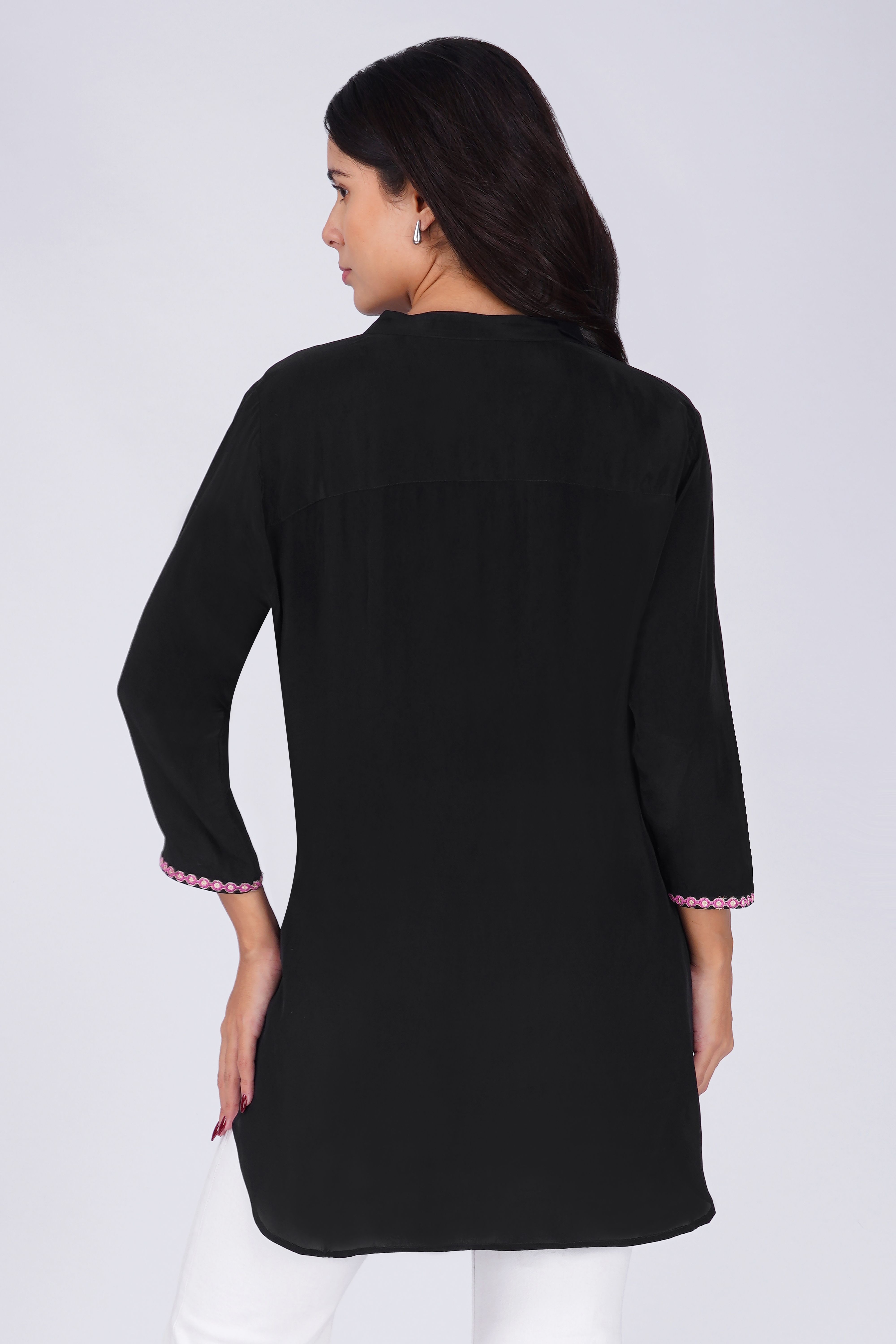 Embroidered Placket Poly  Silk Black Tunic