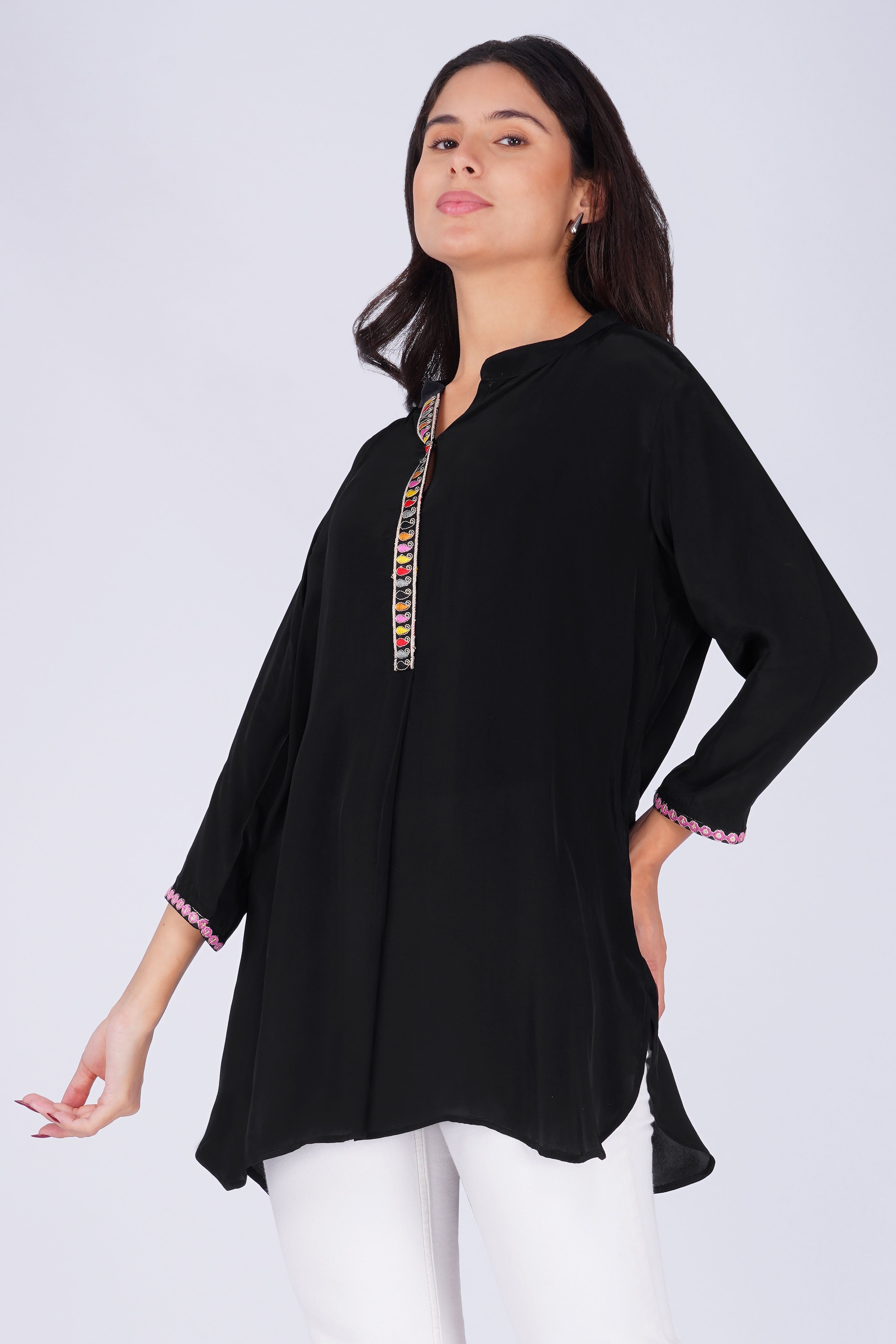 Embroidered Placket Poly  Silk Black Tunic