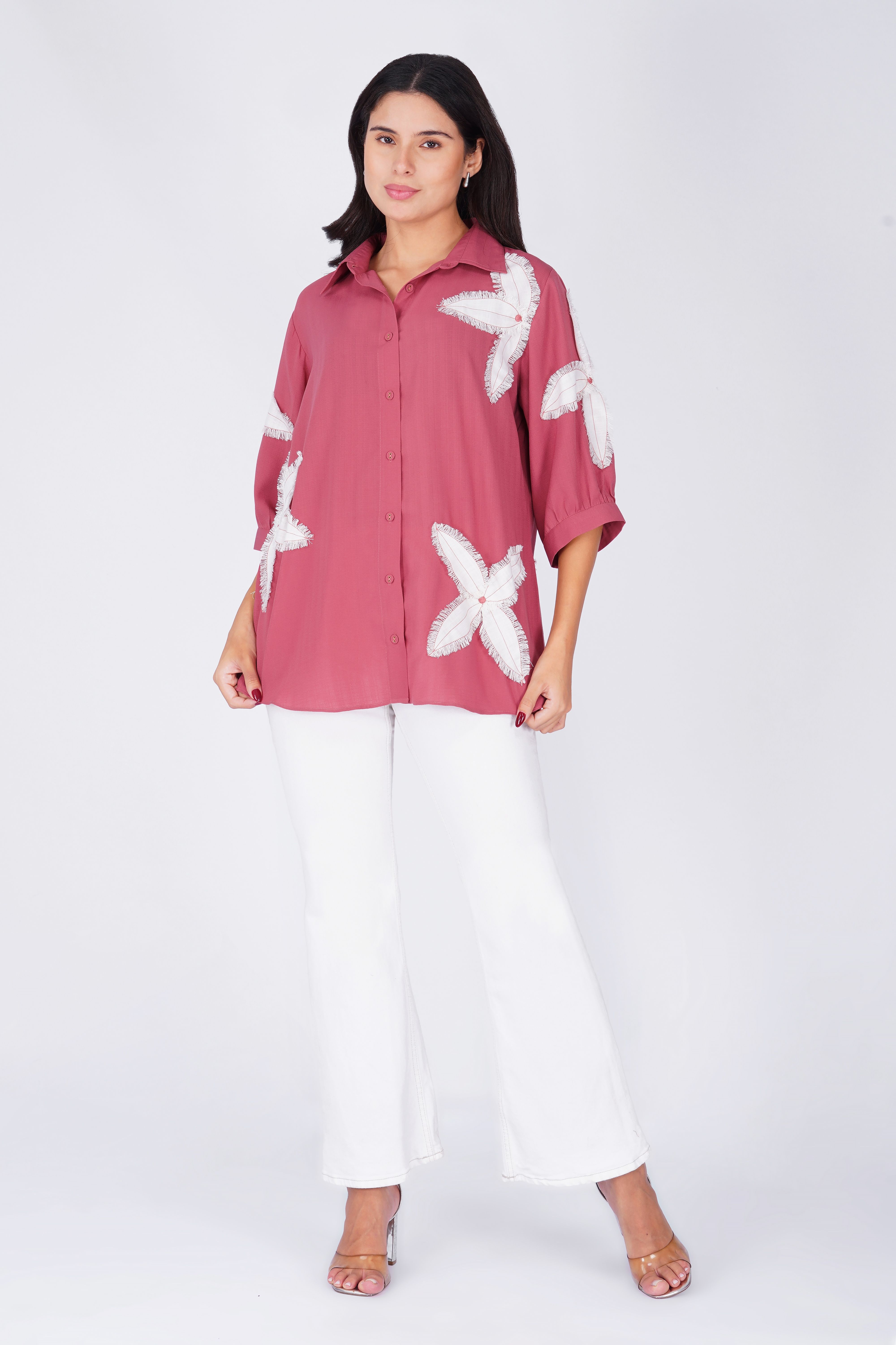 Floral Applique Off White Patches Relaxed Fit Shirt