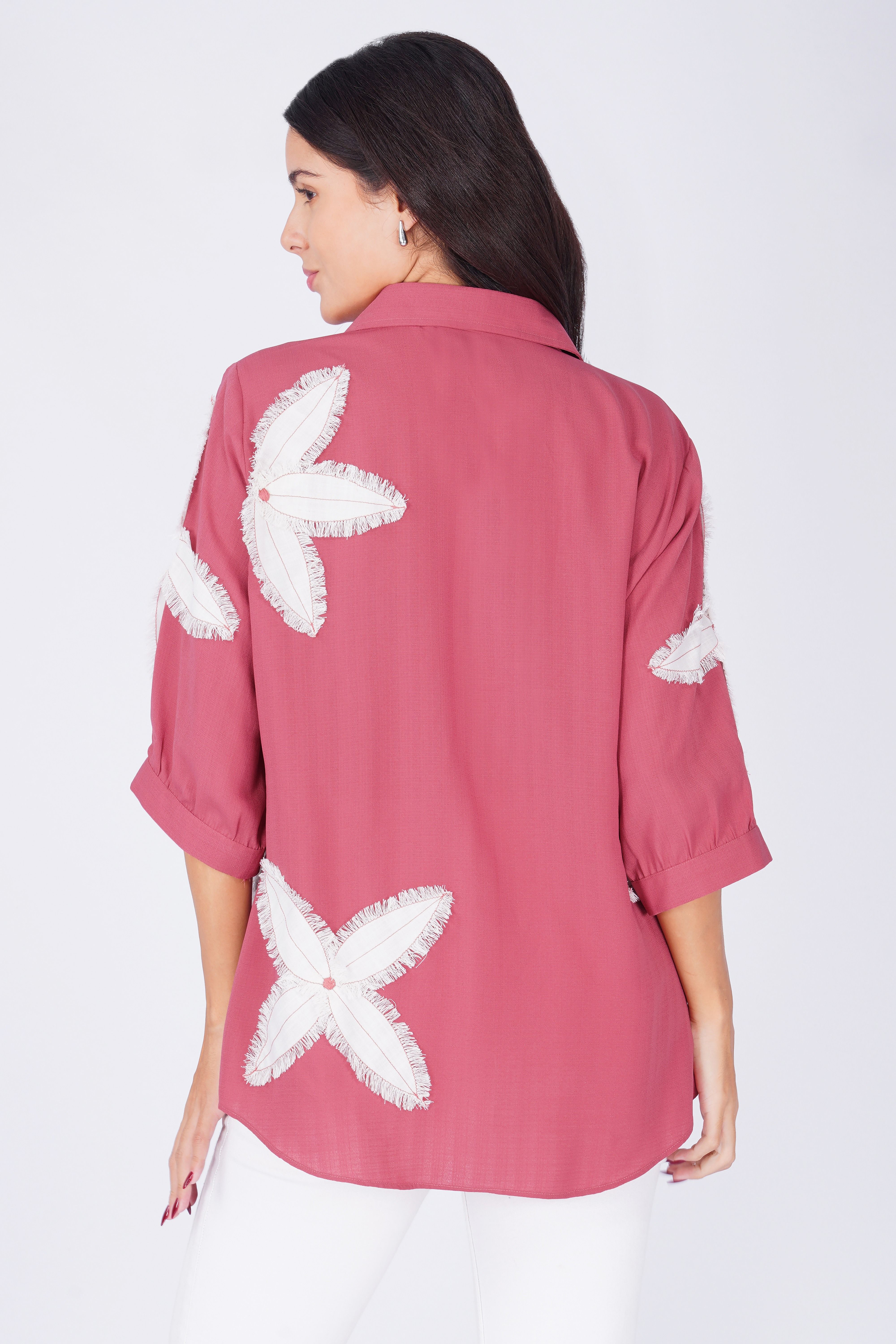 Floral Applique Off White Patches Relaxed Fit Shirt