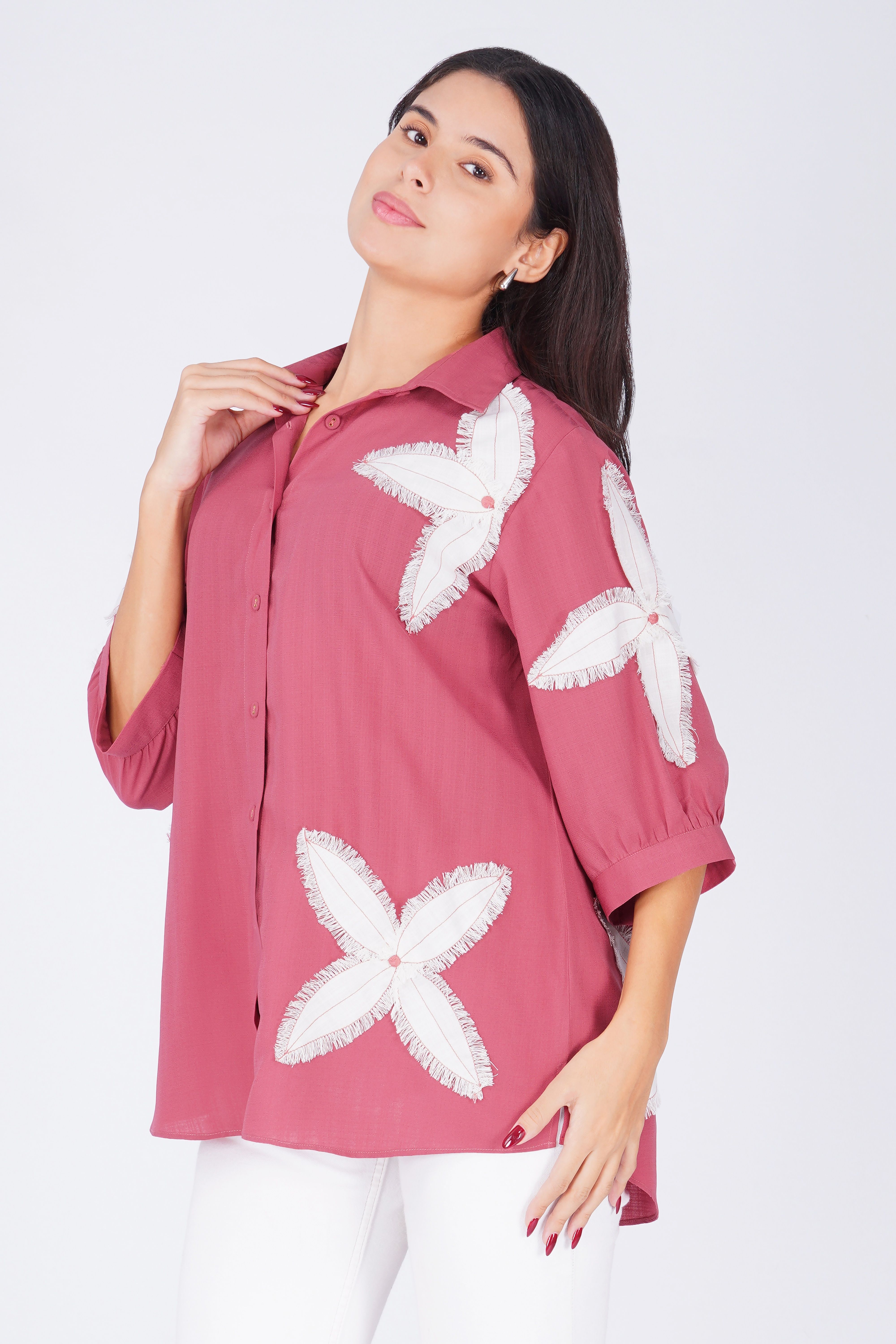 Floral Applique Off White Patches Relaxed Fit Shirt