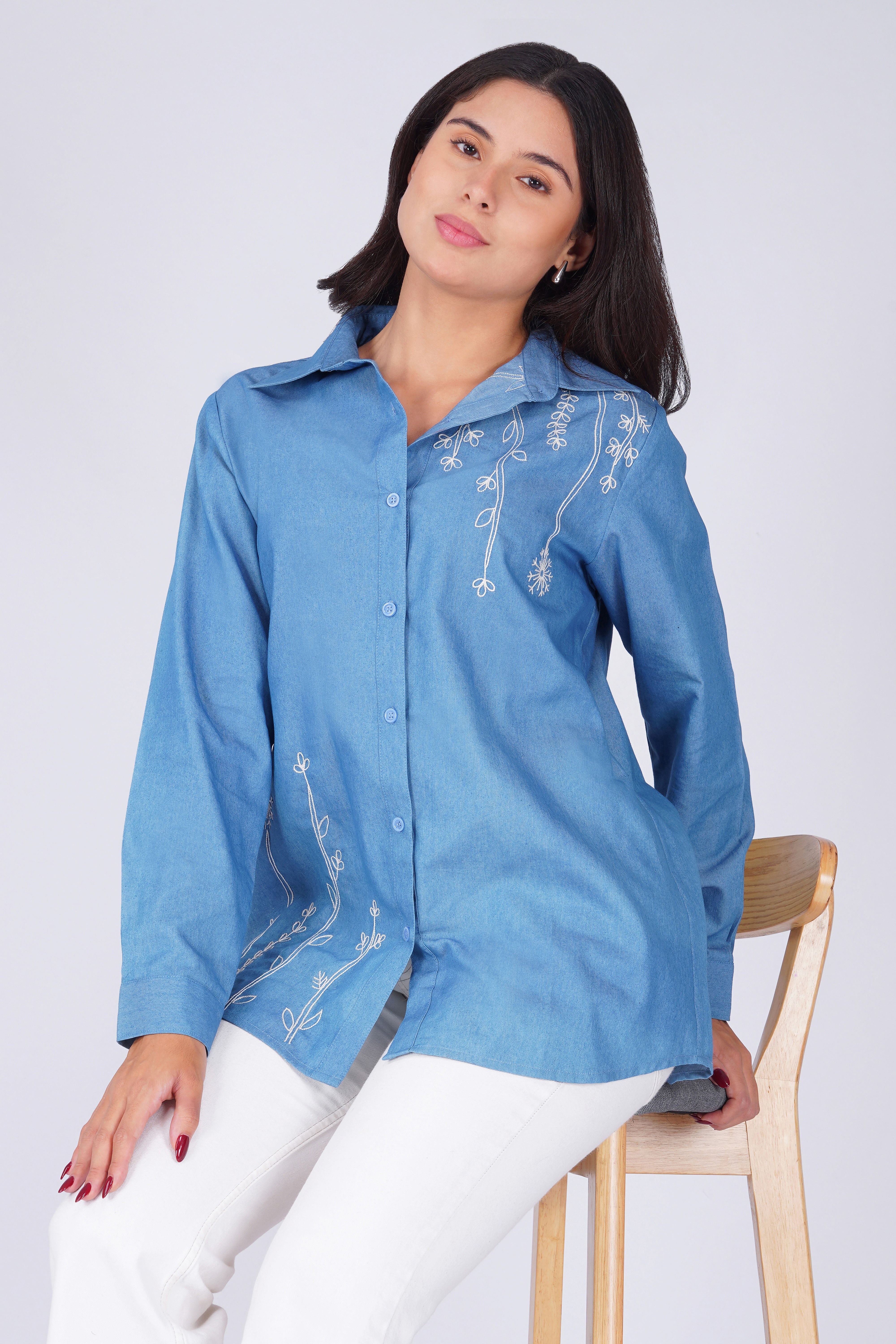 Botanical Embroidered Button Down Cotton Chambray Shirt