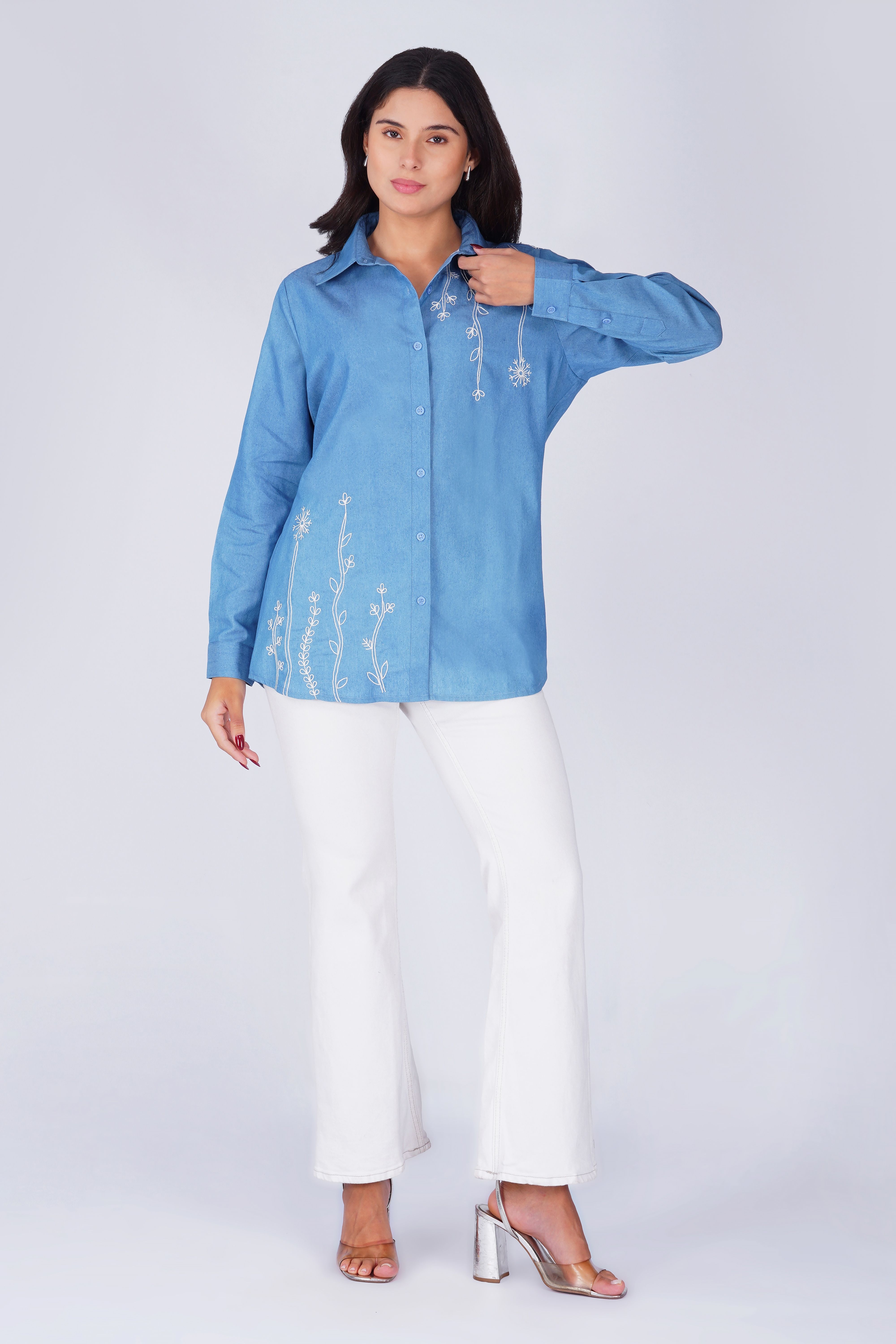 Botanical Embroidered Button Down Cotton Chambray Shirt